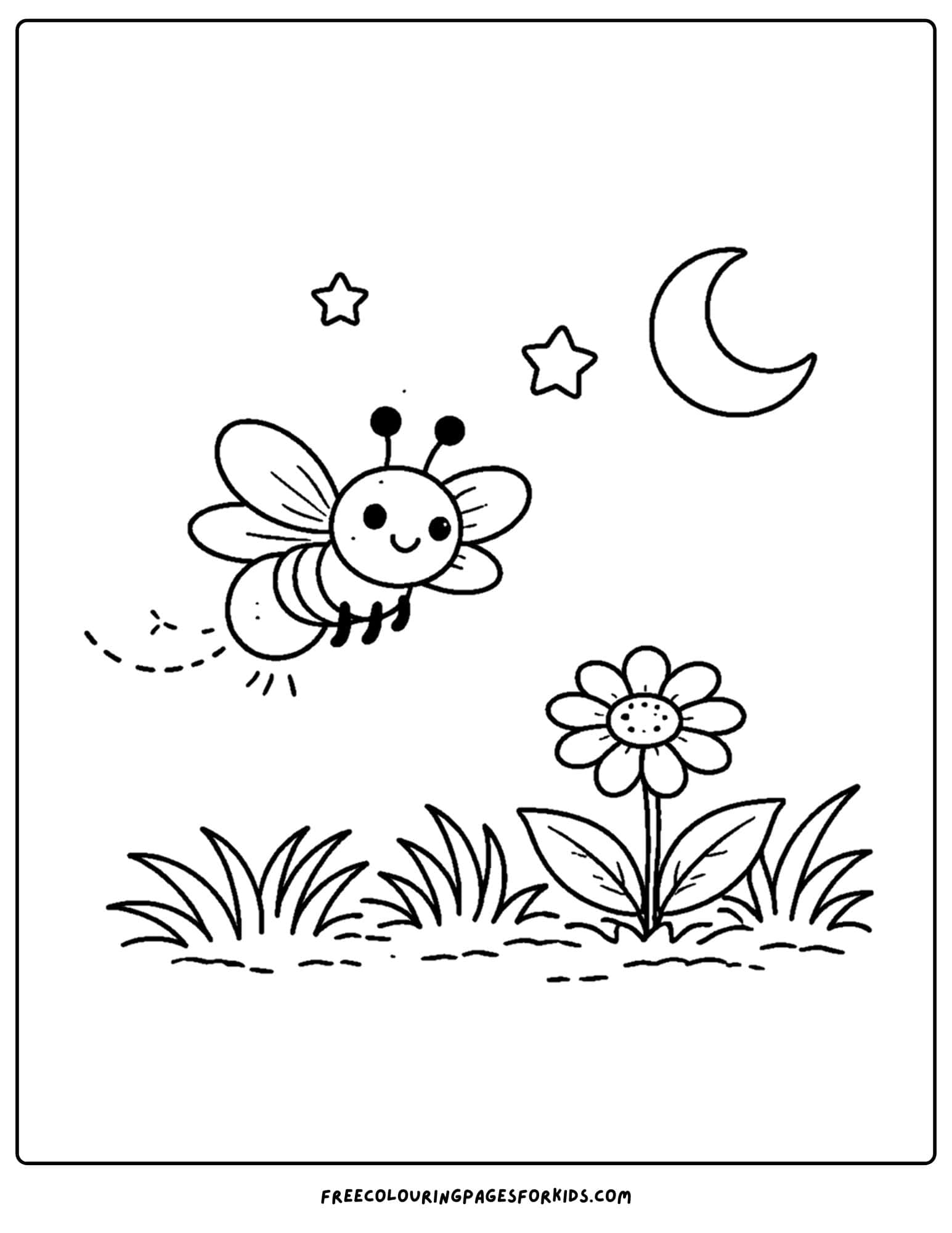 a bug coloring page showing a firefly flying over a meadow