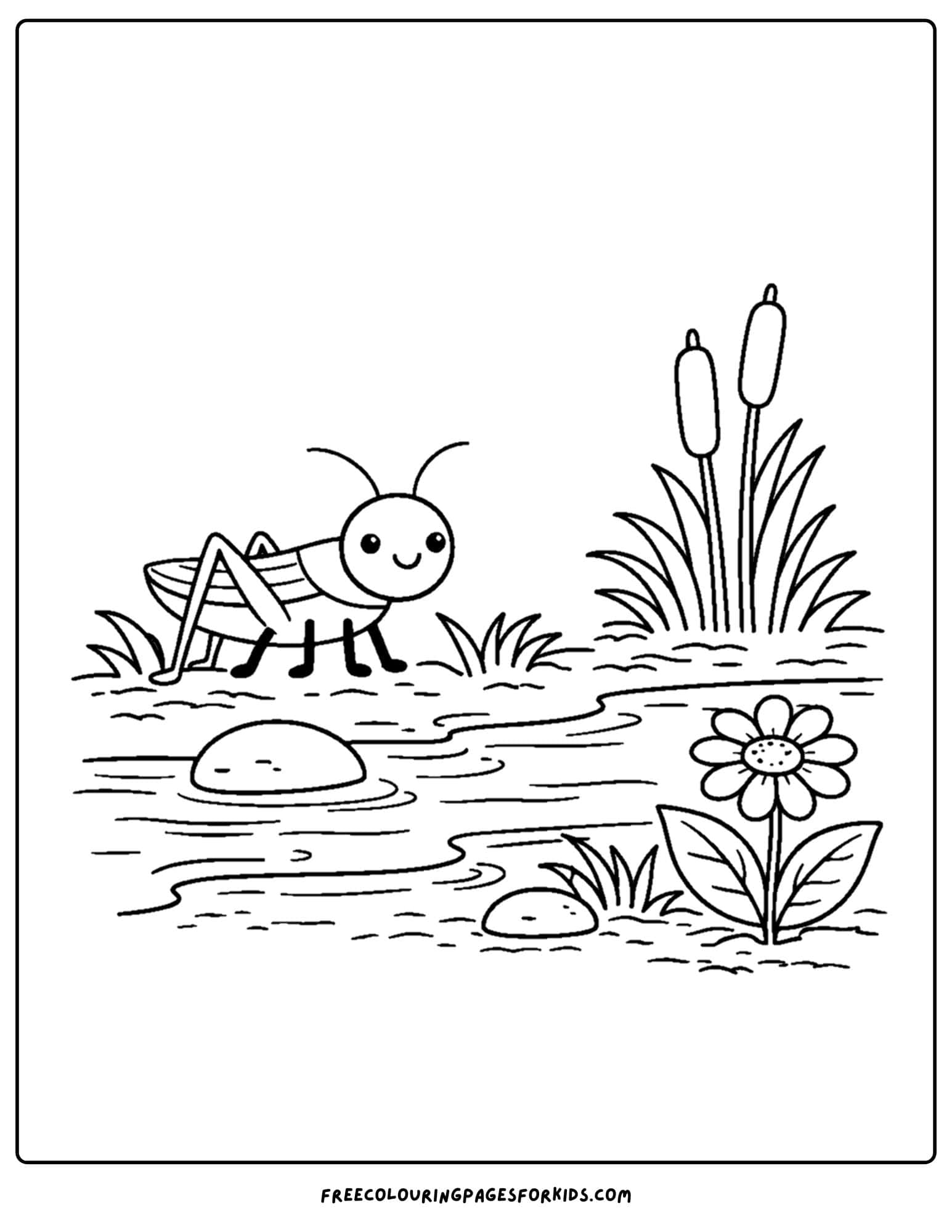 a bug coloring page showing a grasshopper by a stream