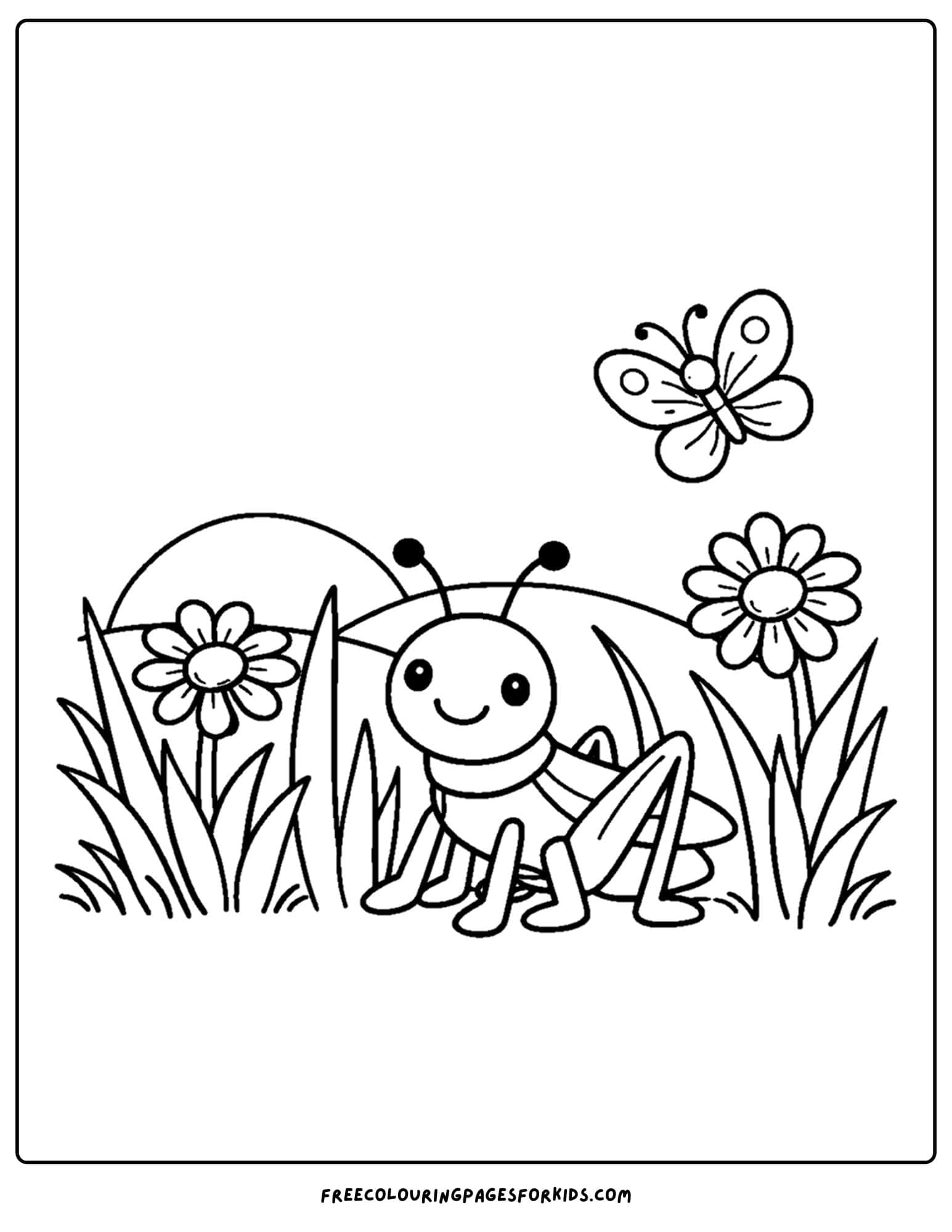 a bug coloring page showing a grasshopper in a meadow