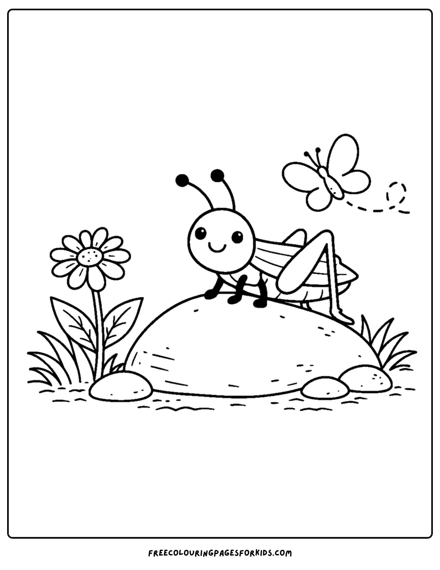 a bug coloring page showing a grasshopper on a rock