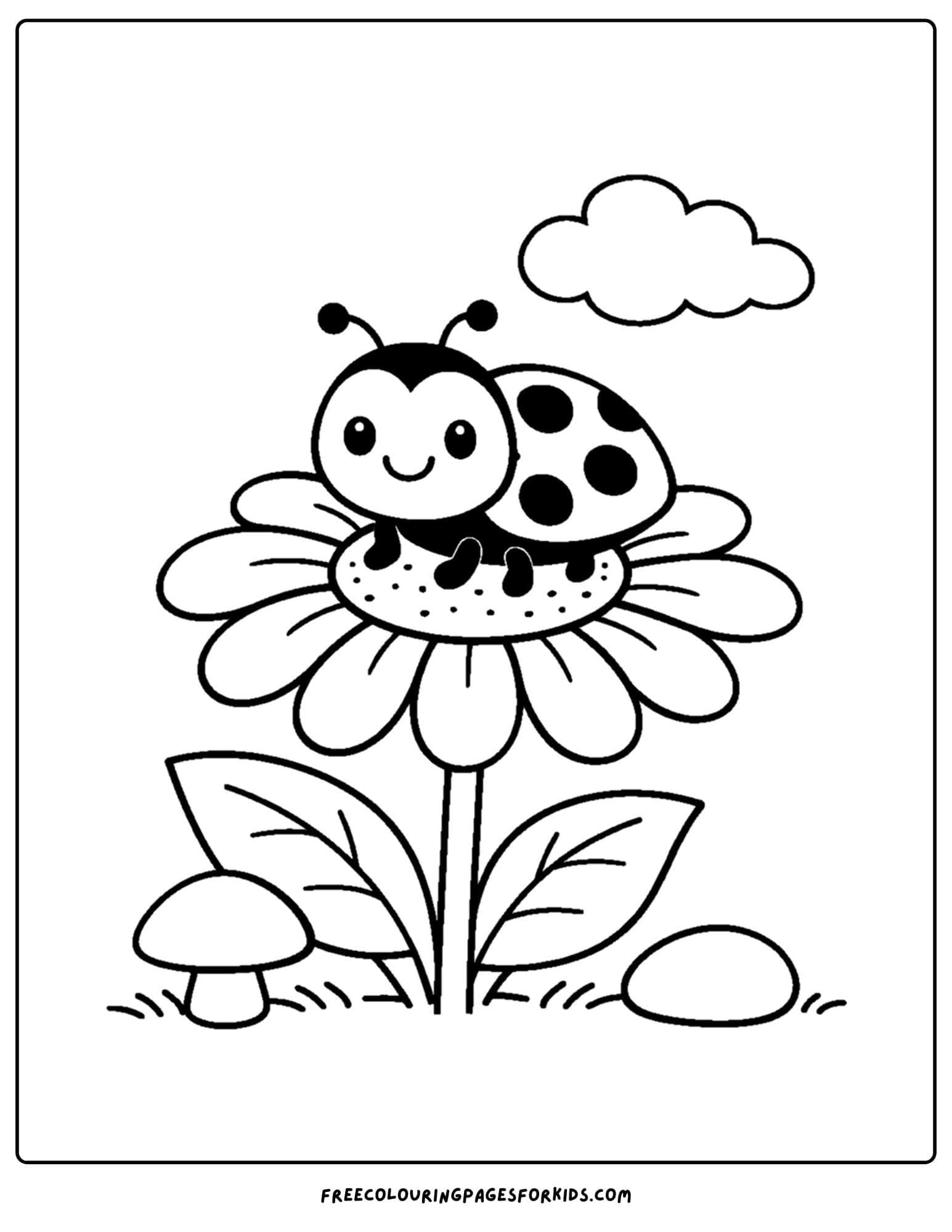 a bug coloring page showing a ladybug on a daisy