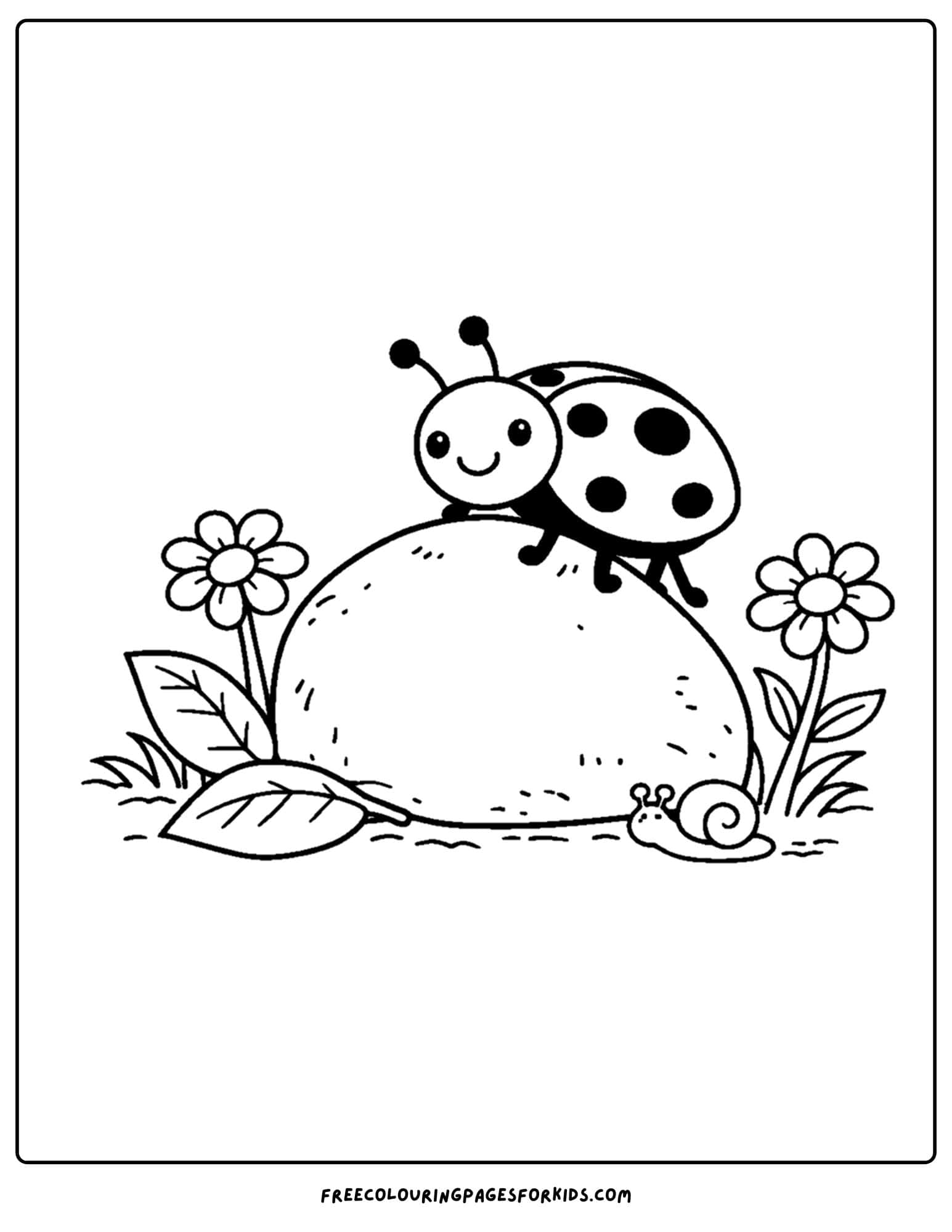 a bug coloring page showing a ladybug on a rock