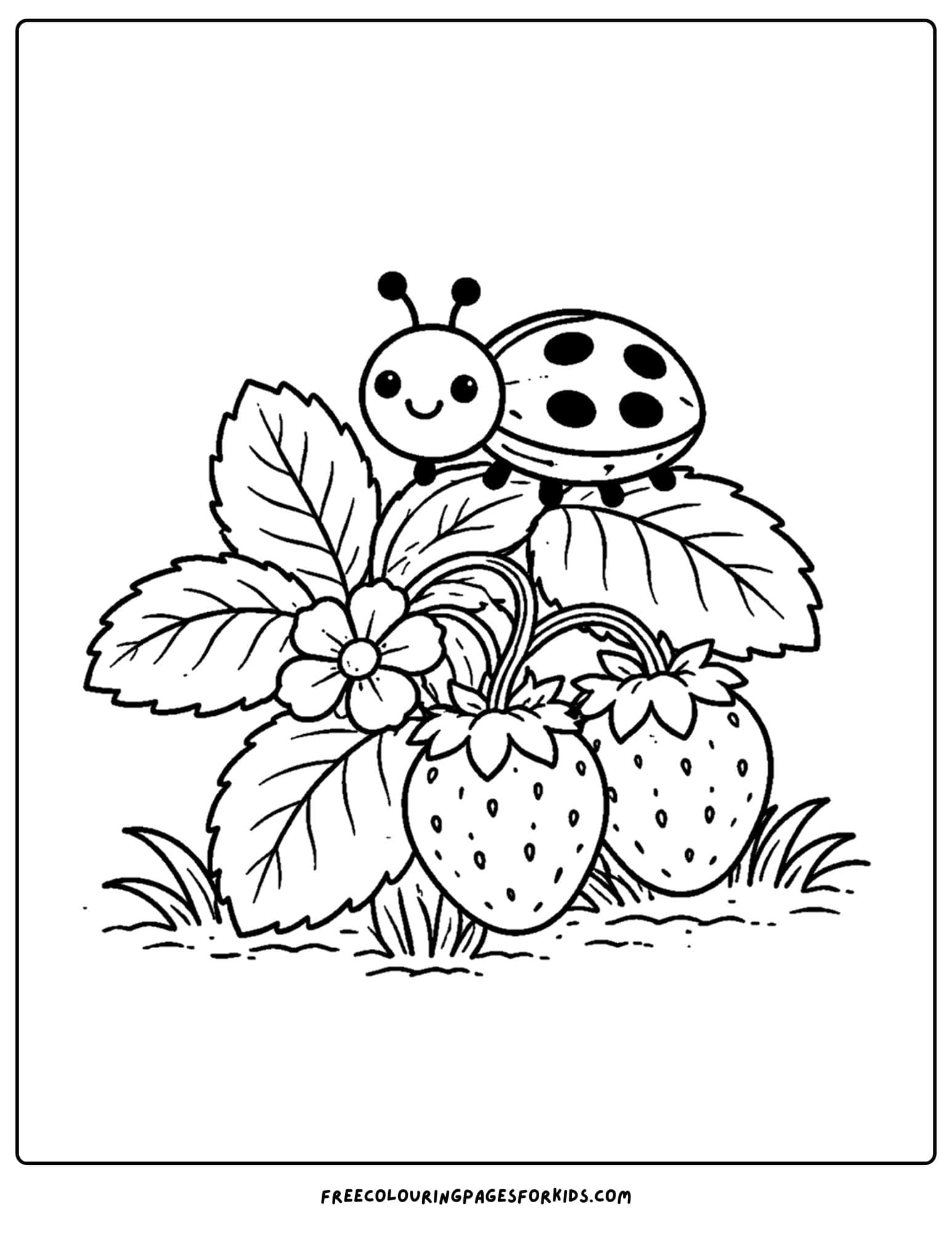 a bug coloring page showing a ladybug on a strawberry plant
