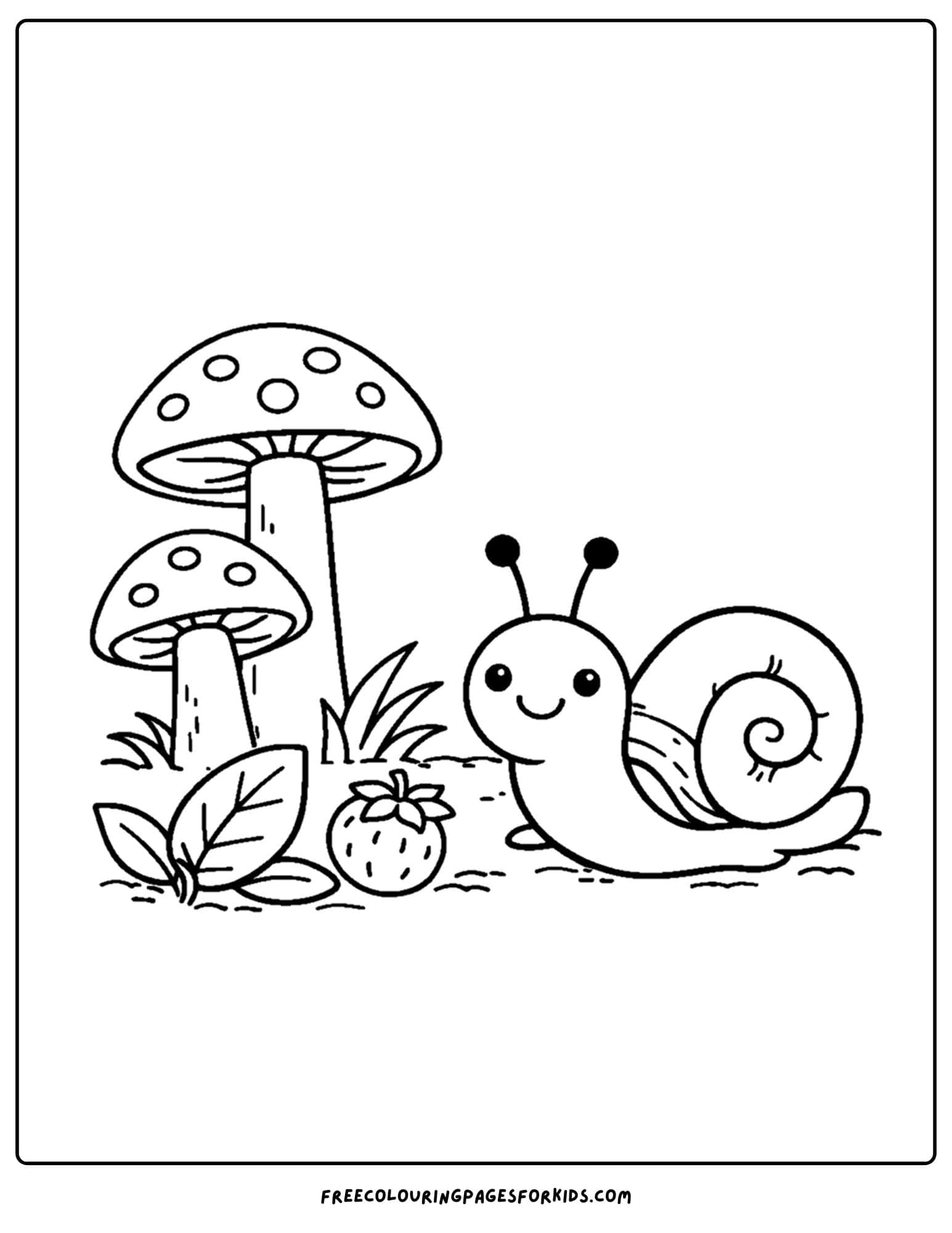 a bug coloring page showing a snail next to some mushrooms