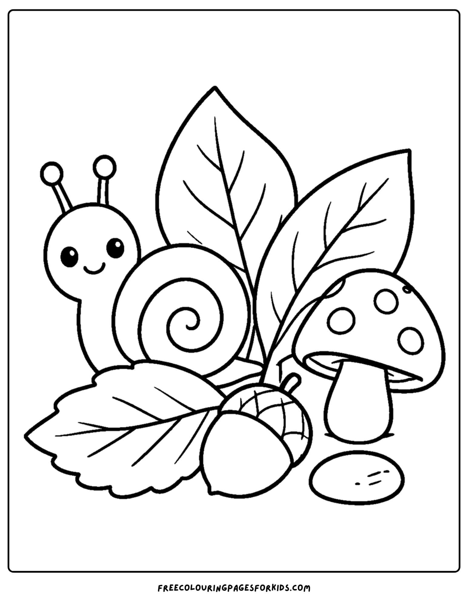 a bug coloring page showing a snail in a pile of leaves