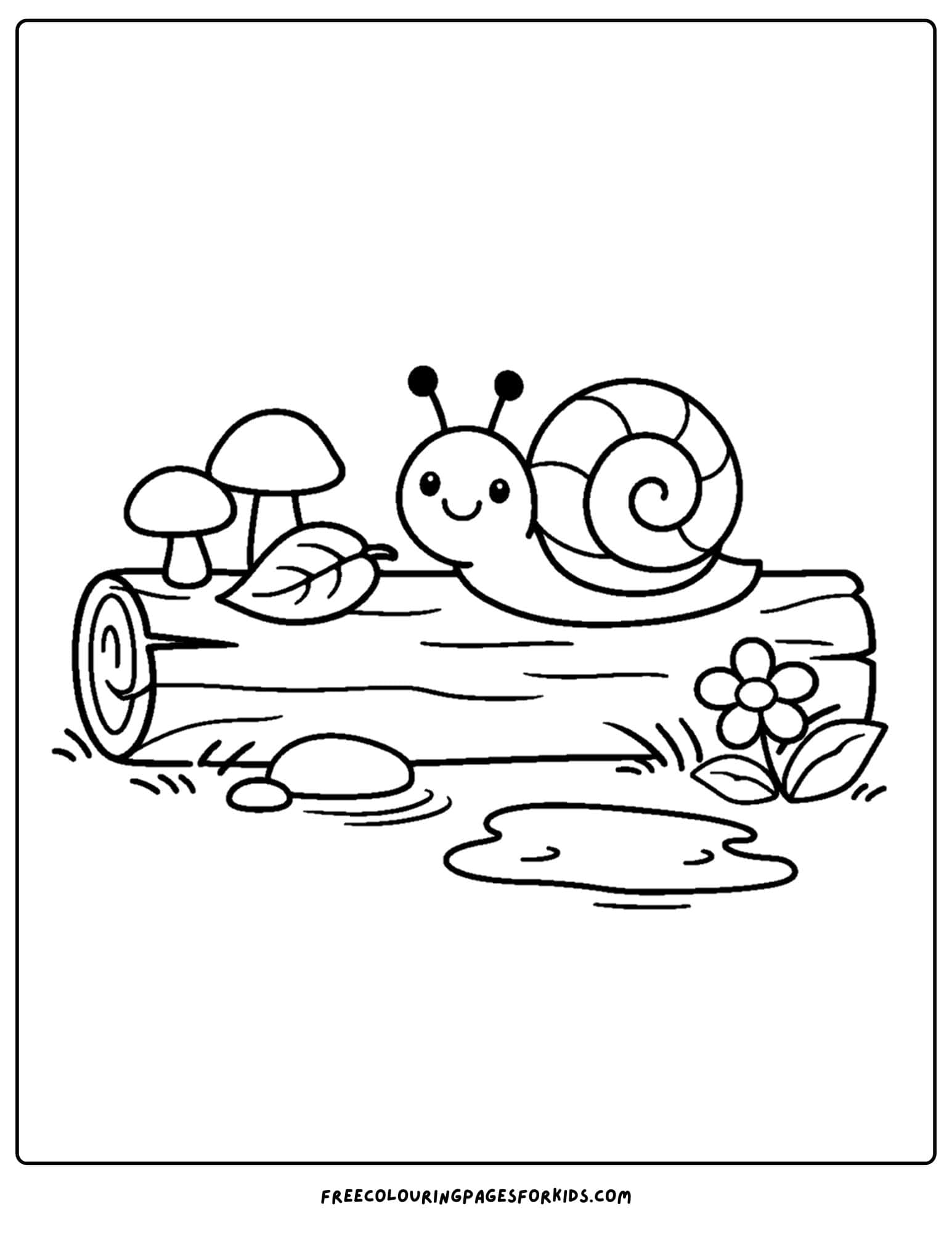 a bug coloring page showing a snail on a log