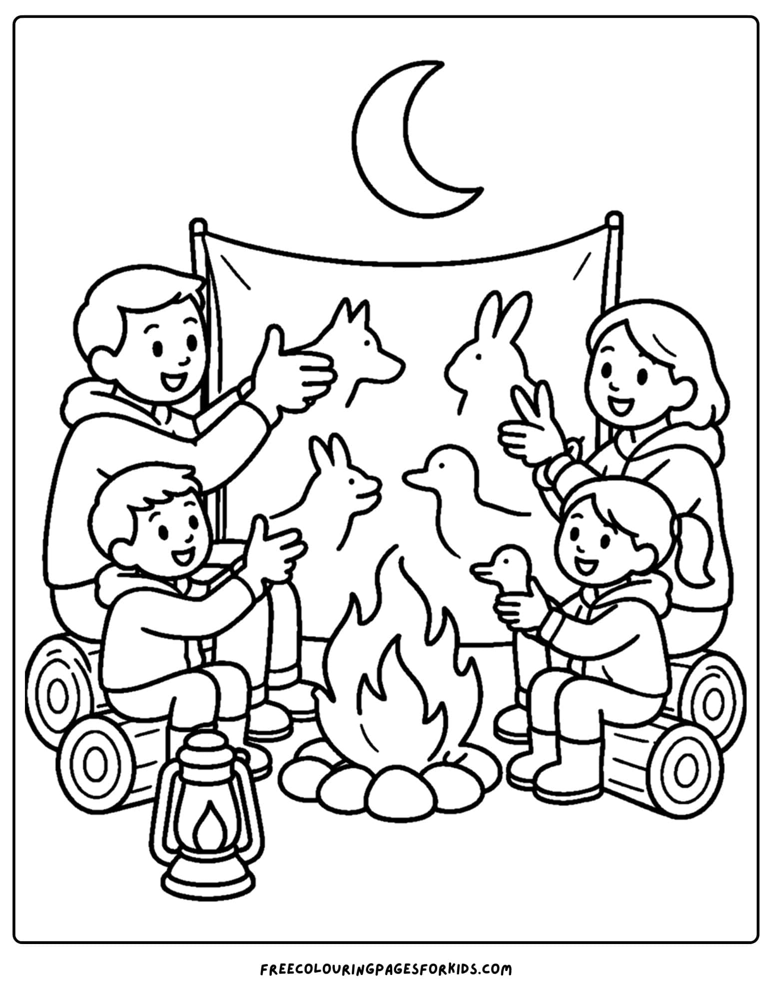 a camping coloring page showing a family making shadow figures with the campfire light