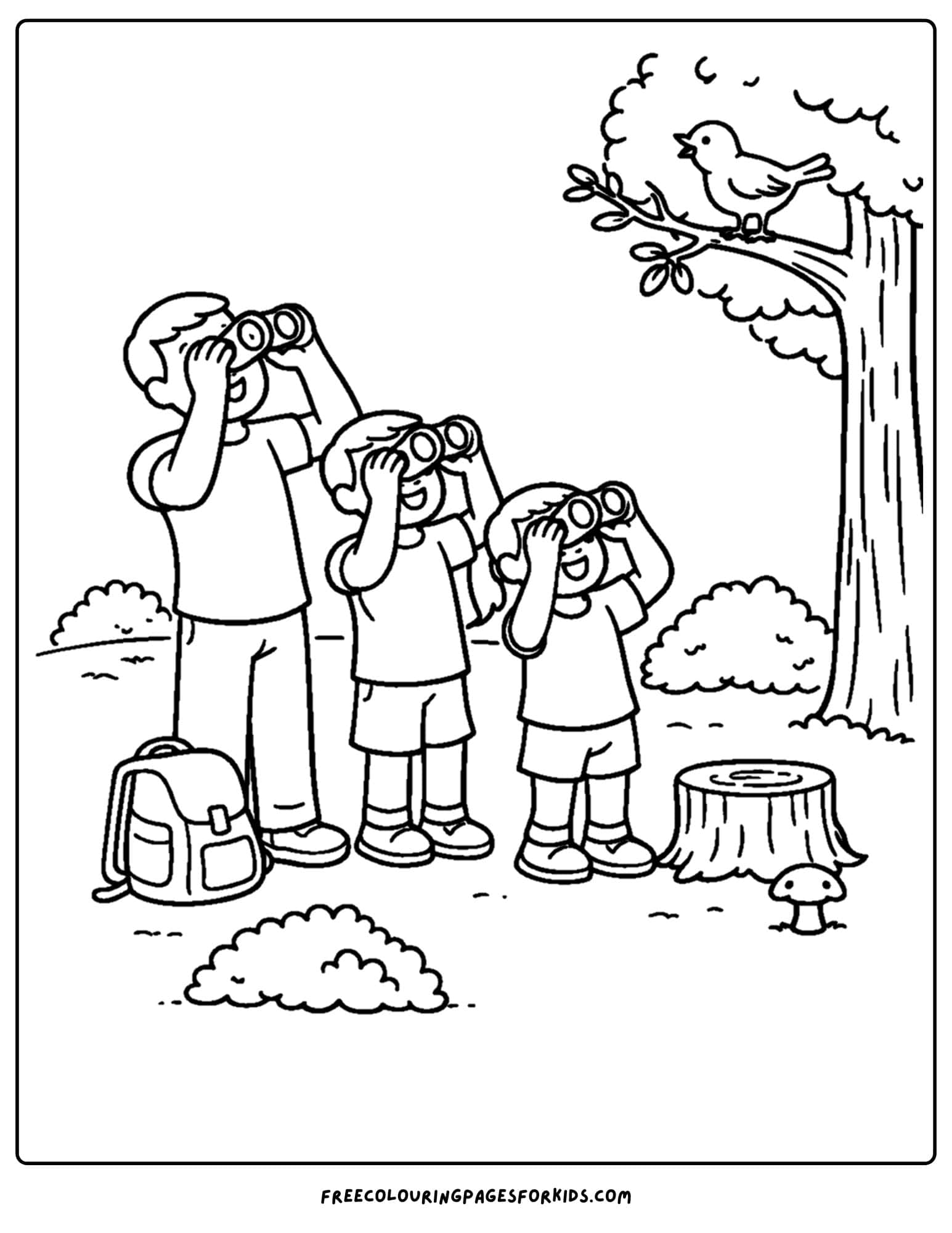 a camping coloring page showing a family birdwatching