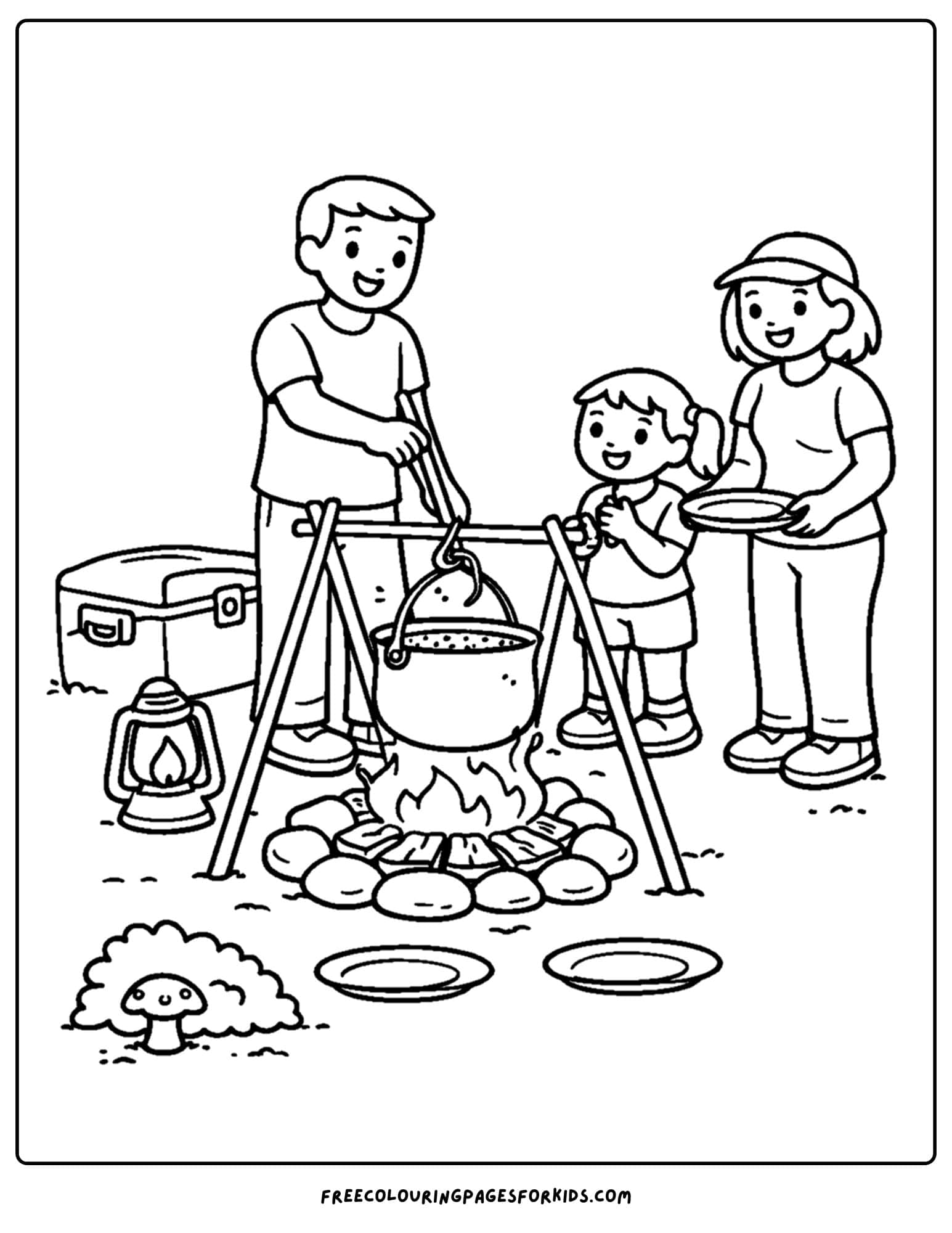 a camping coloring page showing a family cooking a dinner on the campfire