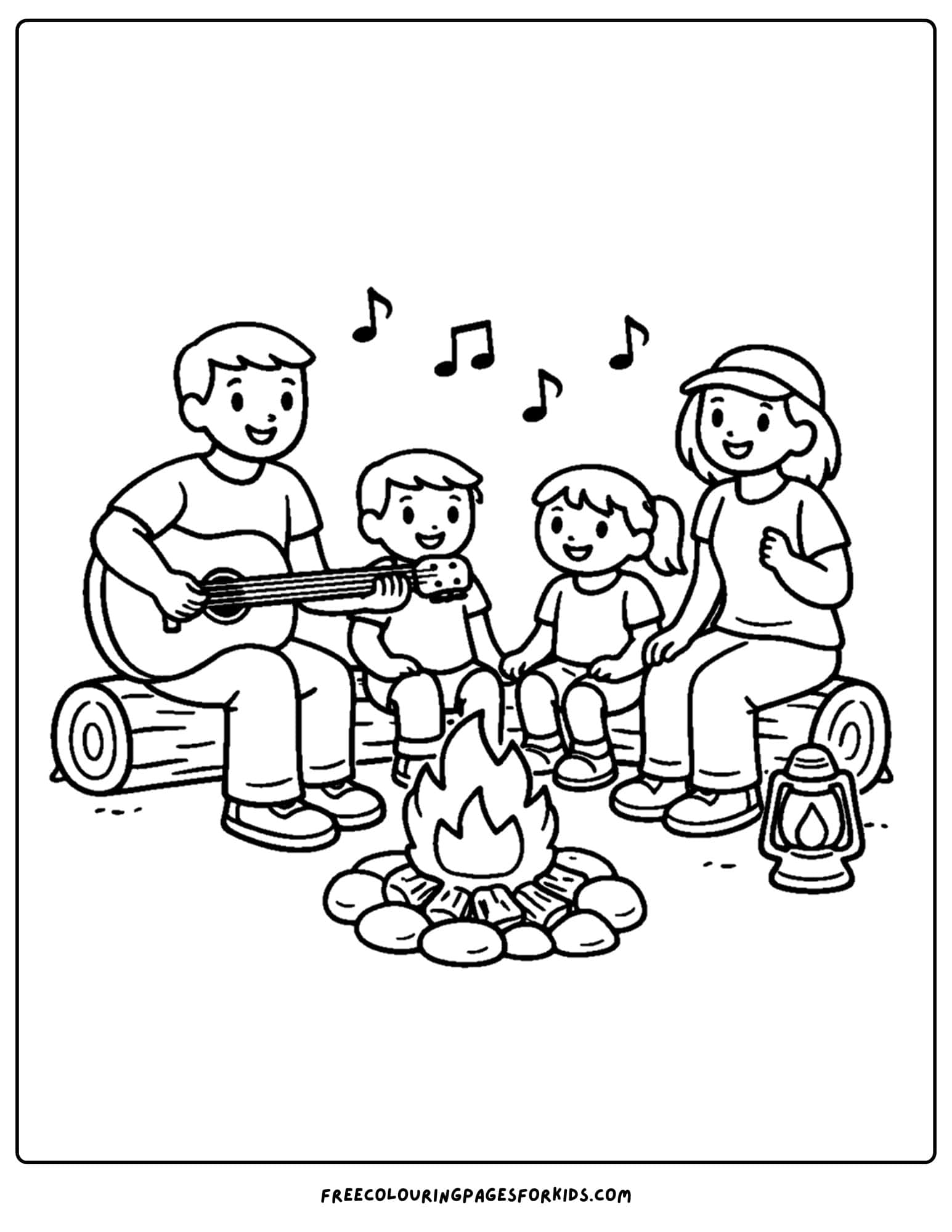 a camping coloring page showing a family singing by the campfire