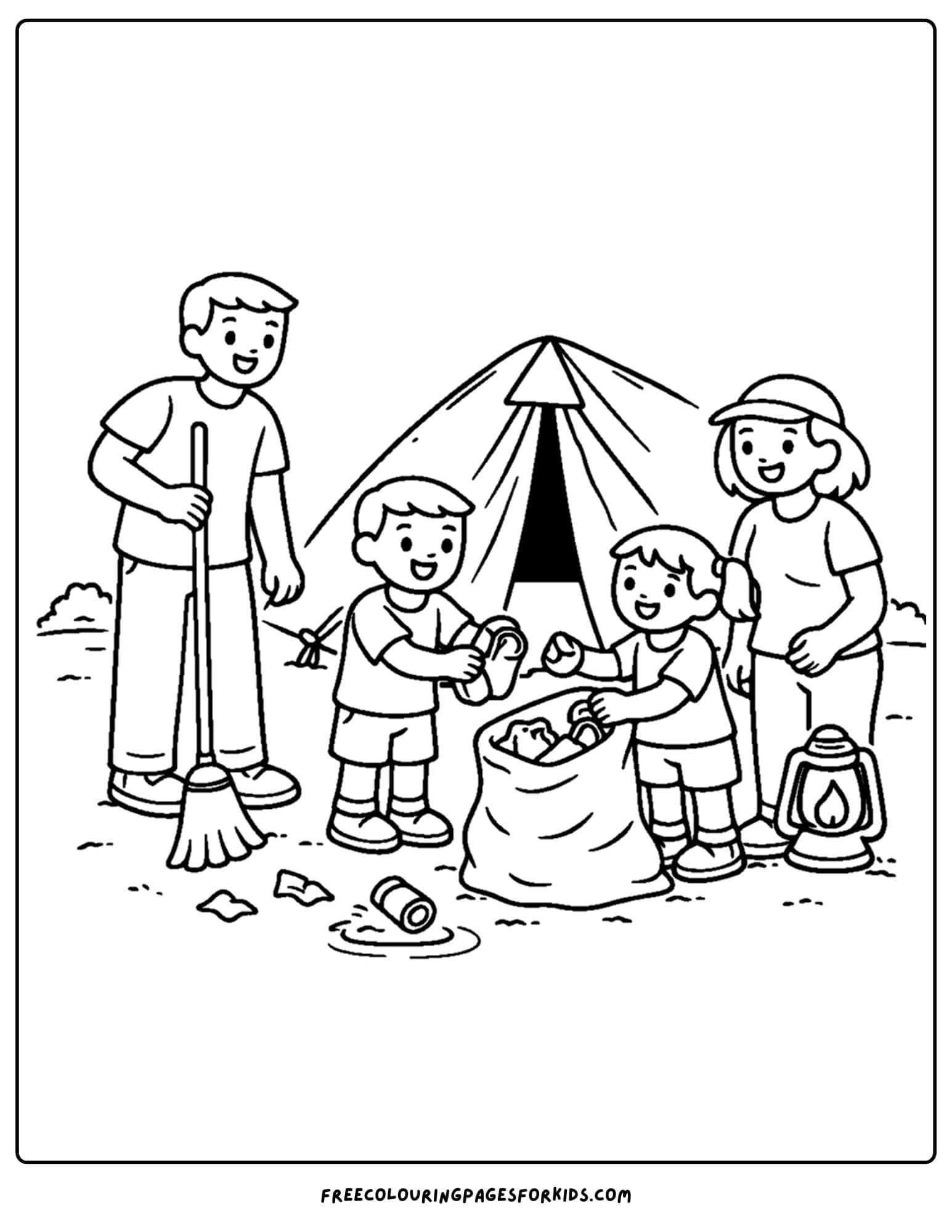 a camping coloring page showing a family cleaning up the campsite