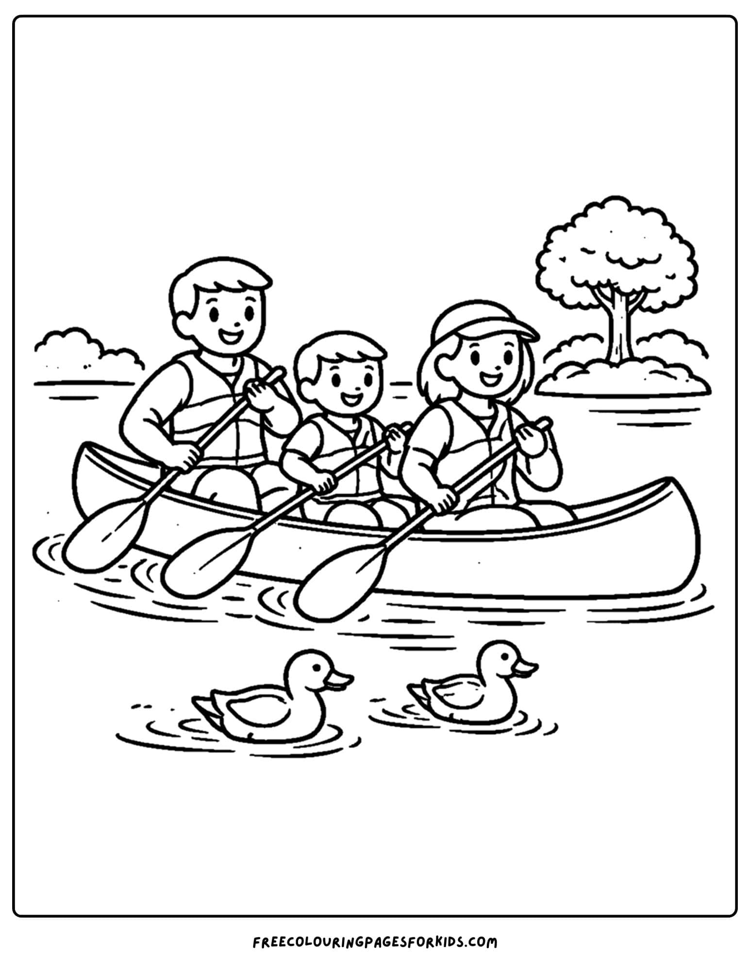 a camping coloring page showing a family in a canoe on the lake