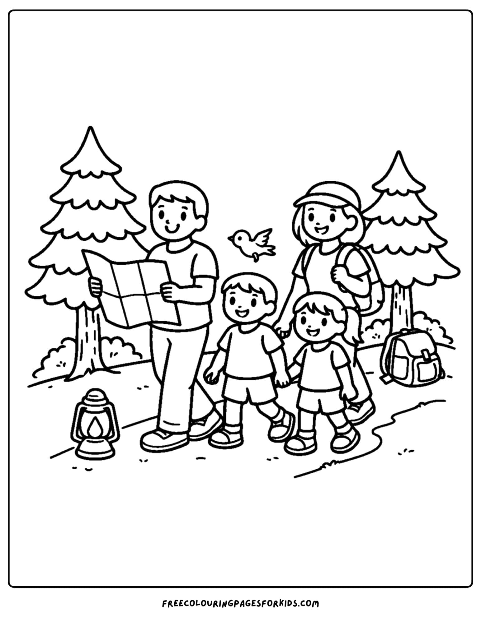 a camping coloring page showing going for a hike