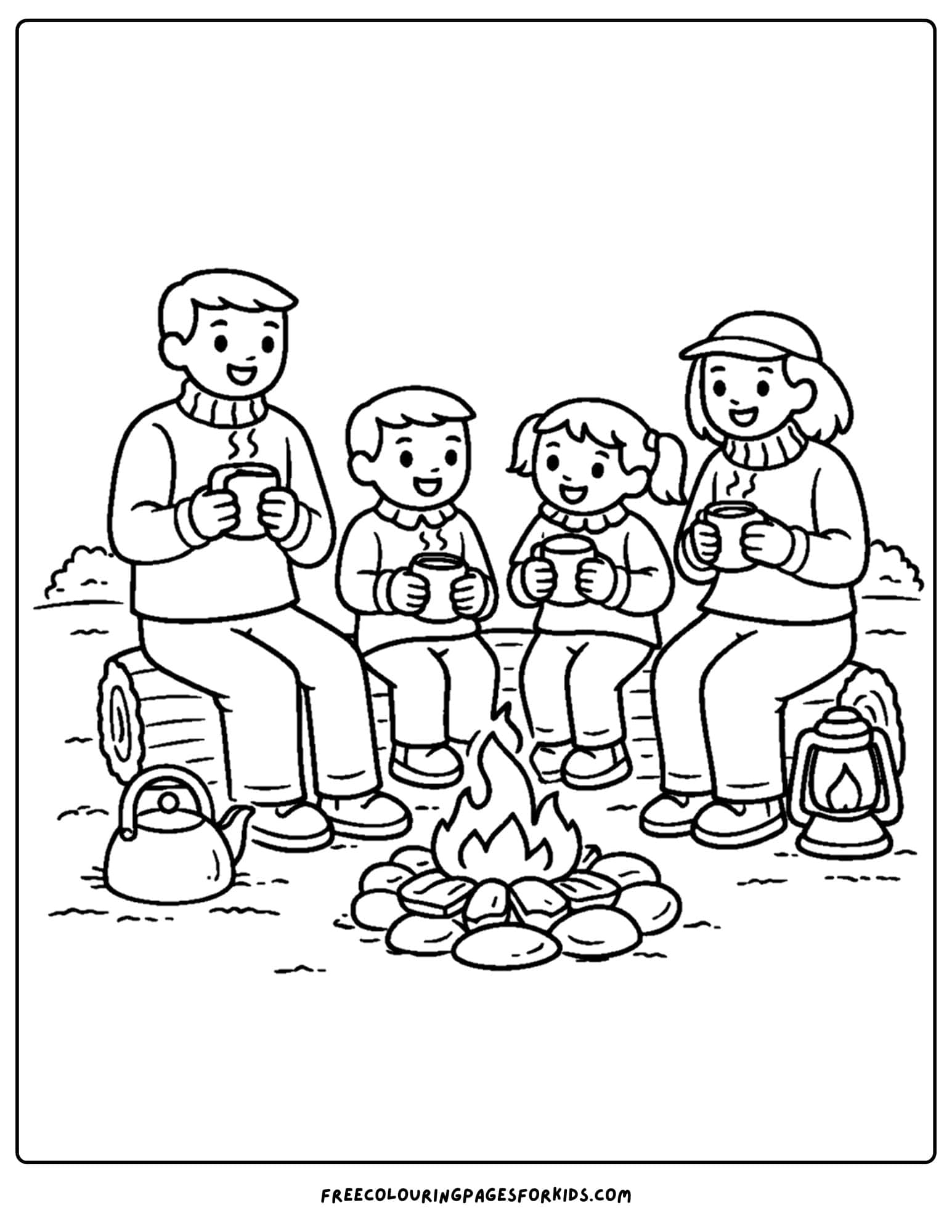 a camping coloring page showing a family having hot cocoa by the fire