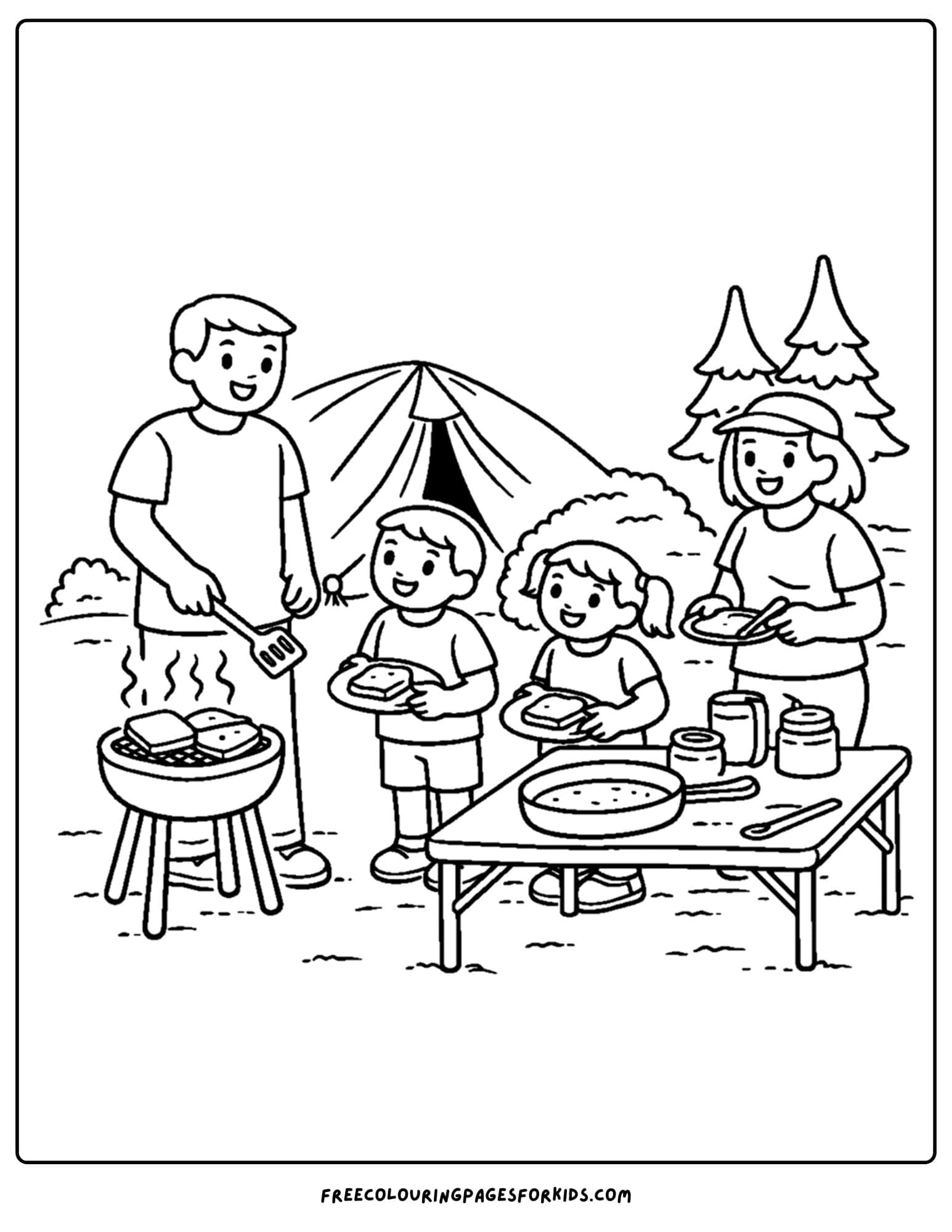 a camping coloring page showing a family making toast on the campfire