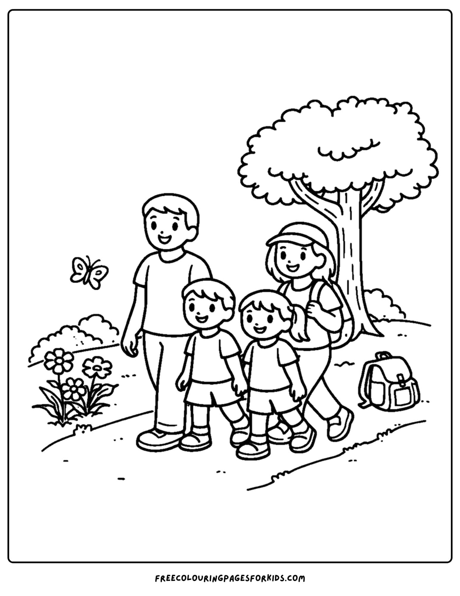 a camping coloring page showing a family going on a nature walk