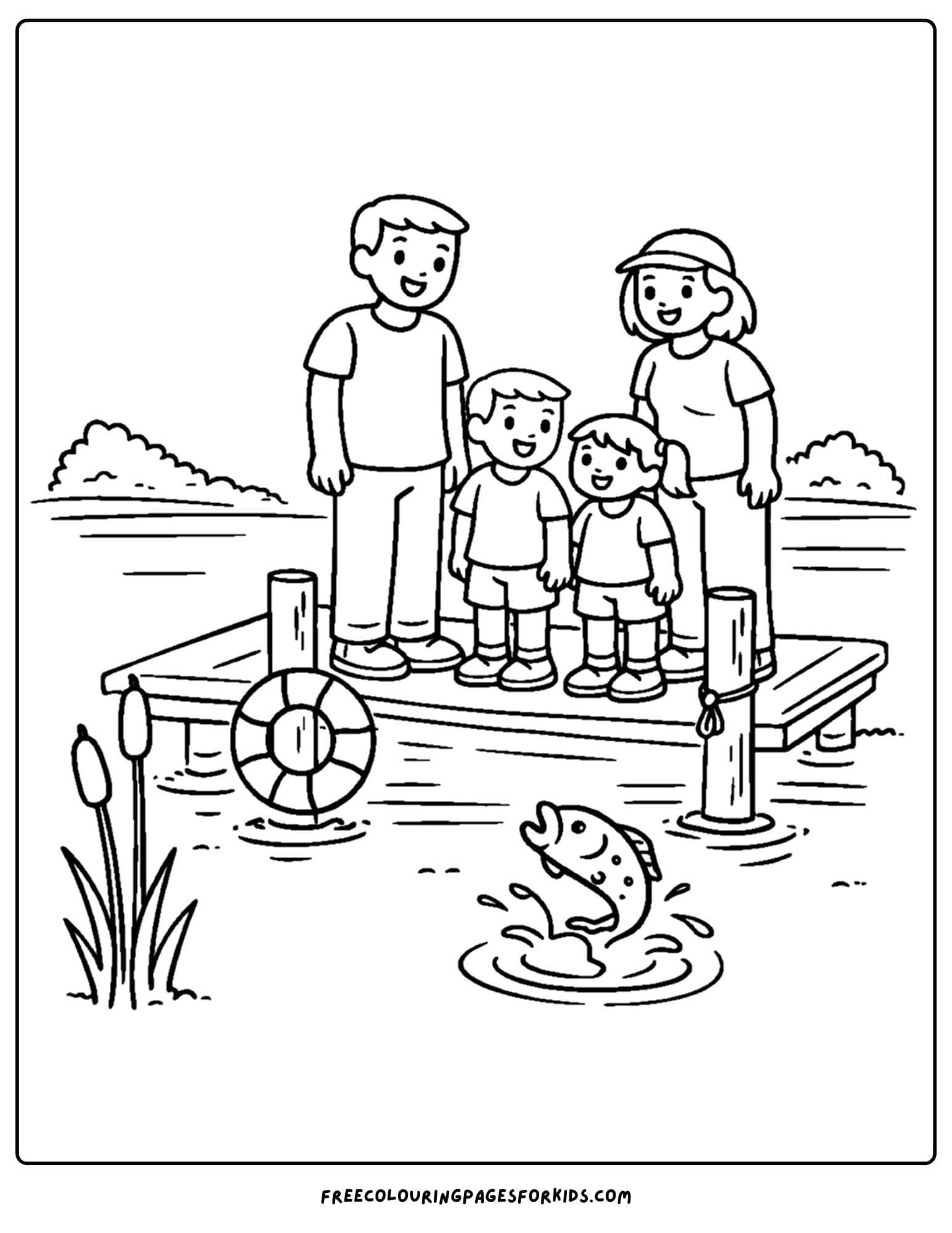 a camping coloring page showing a family on a dock platform watching a fish