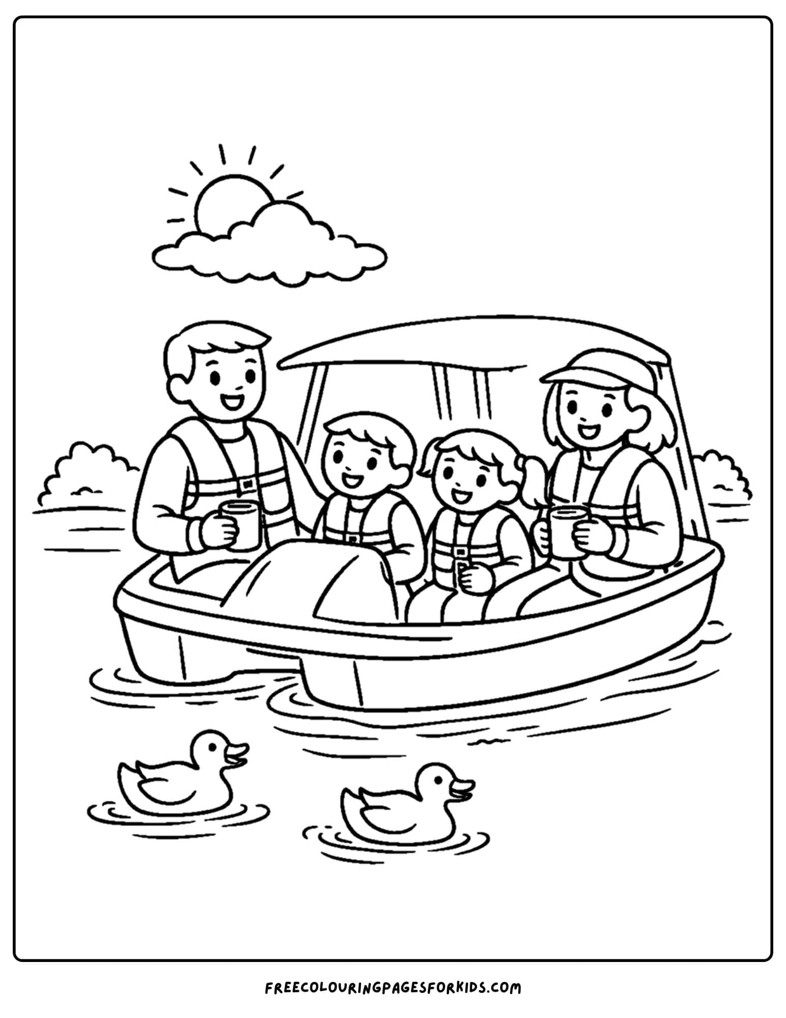 a camping coloring page showing a family in a paddle boat