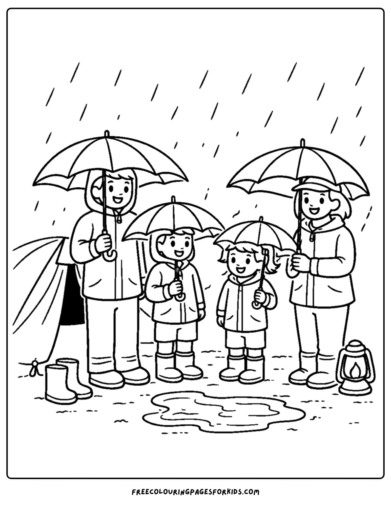 a camping coloring page showing a family keeping dry under umbrellas while camping