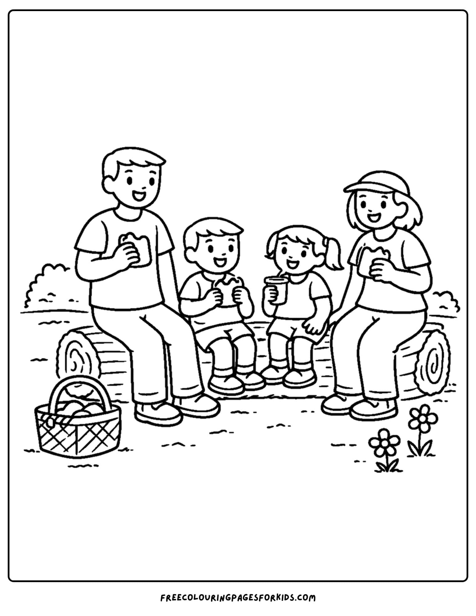 a camping coloring page showing a family having a snack break sitting down on logs on a hike