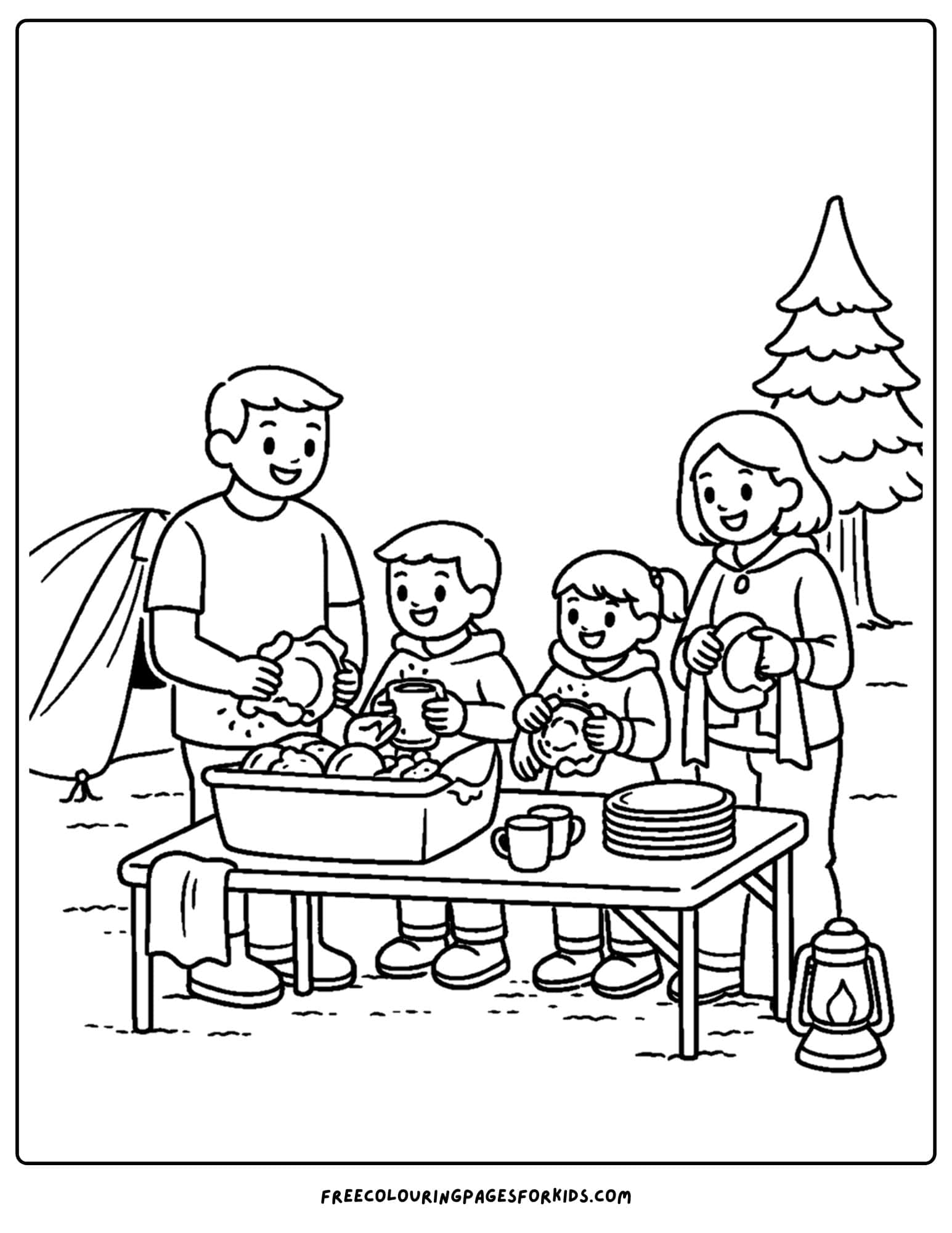a camping coloring page showing a family washing dishes after eating while camping