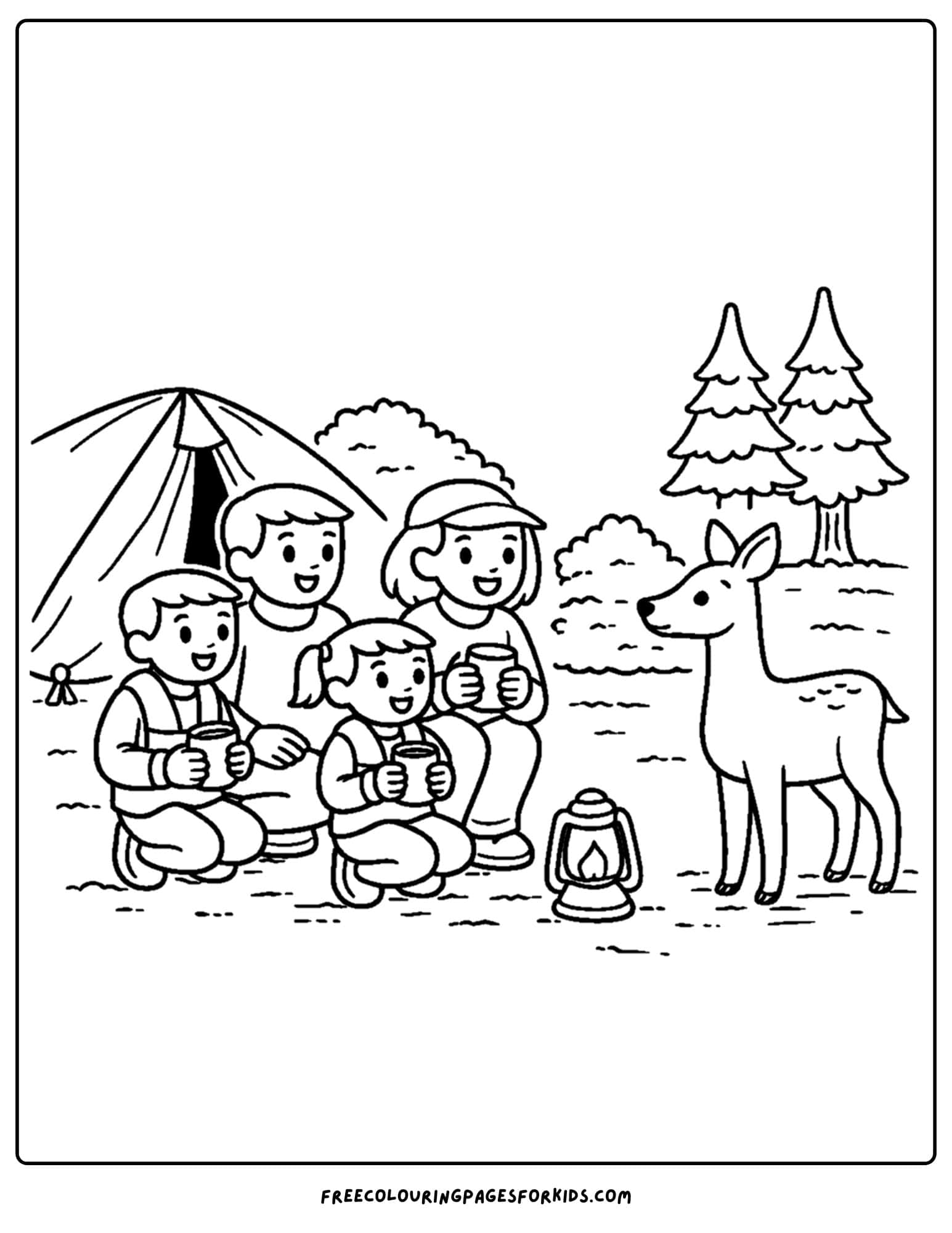 a camping coloring page showing a family watching a deer near their tent
