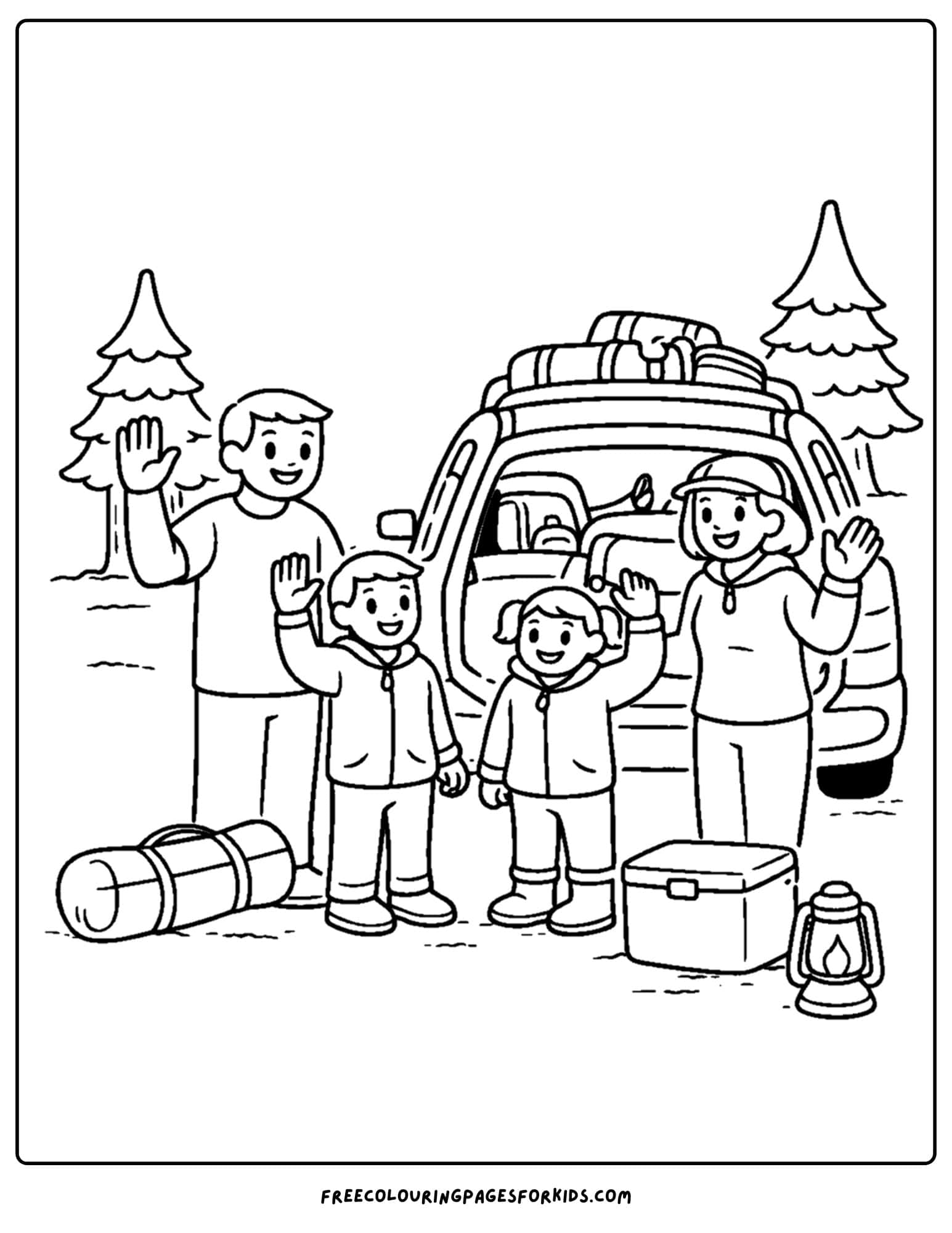 a camping coloring page showing a family waving goodbye as they pack the car