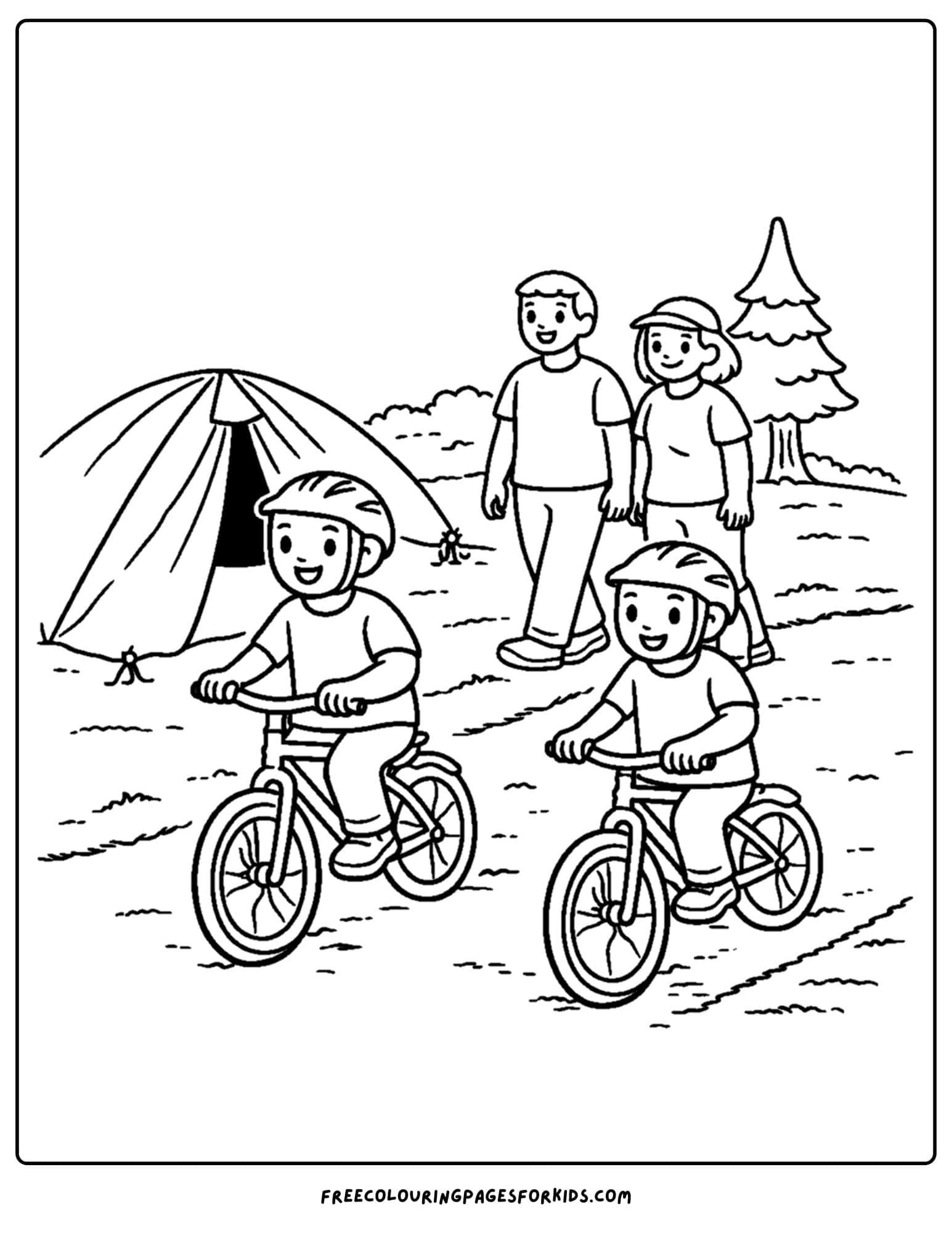 a camping coloring page showing kids riding their bikes past their tent