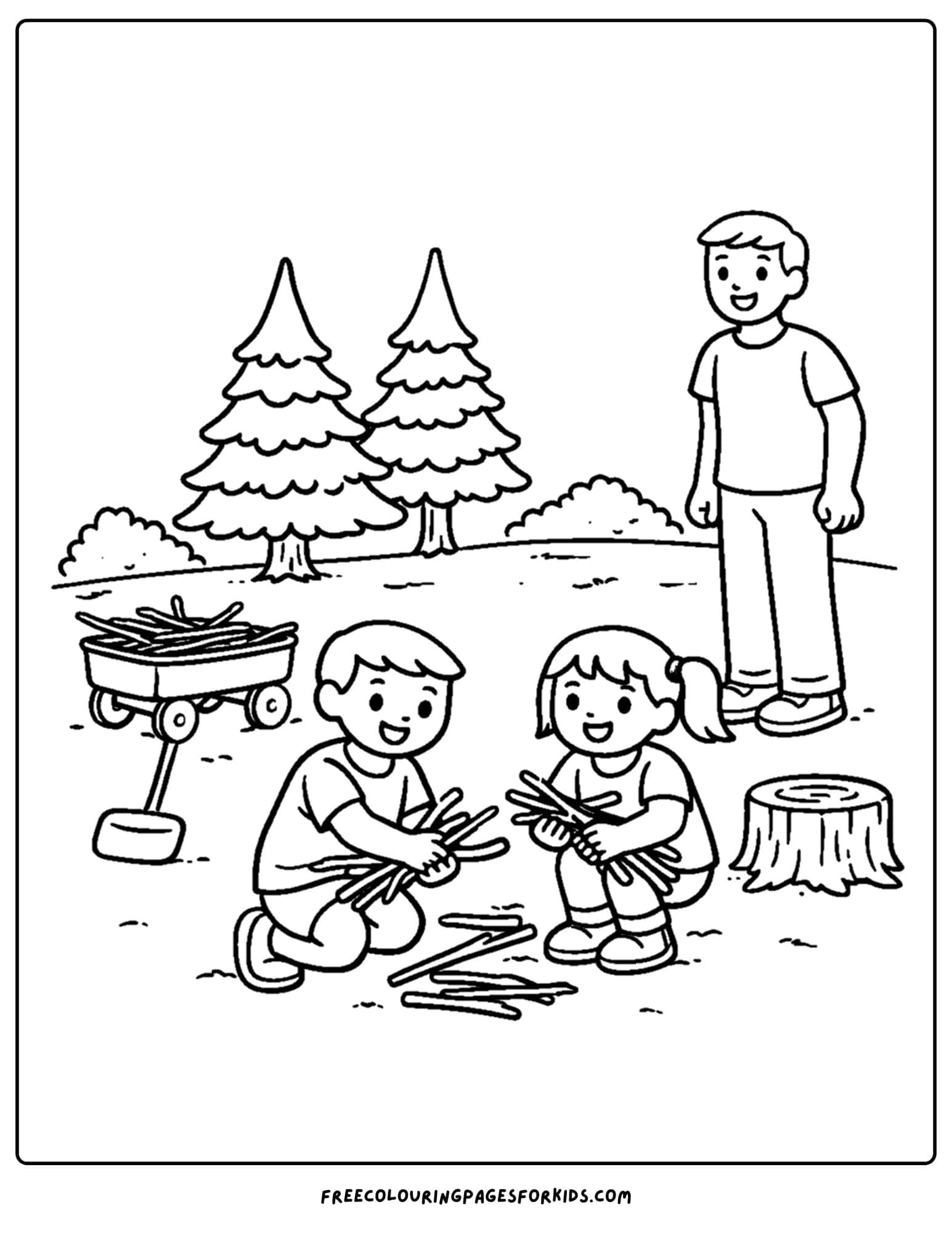a camping coloring page showing kids collecting firewood