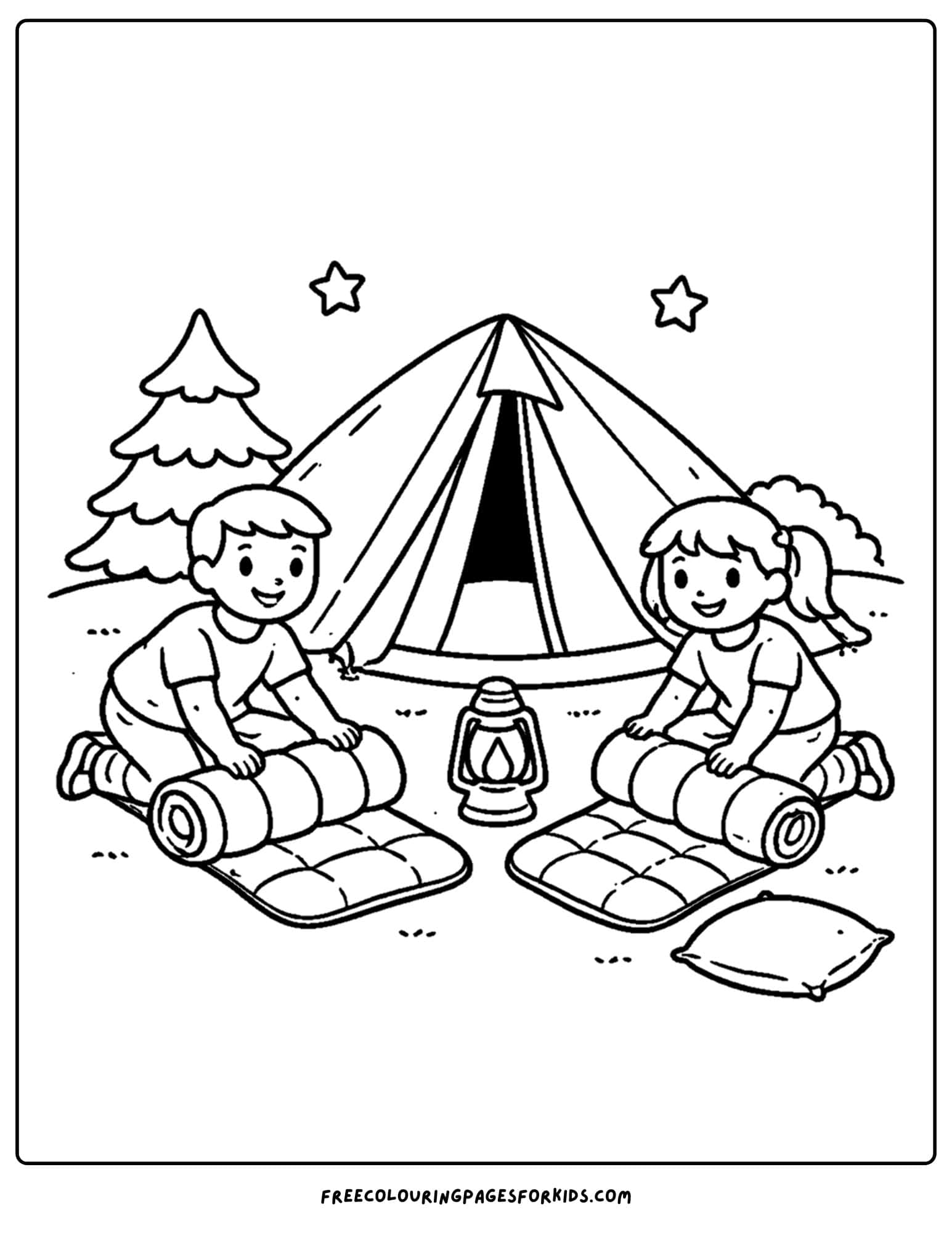 a camping coloring page showing kids unrolling their sleeping bags