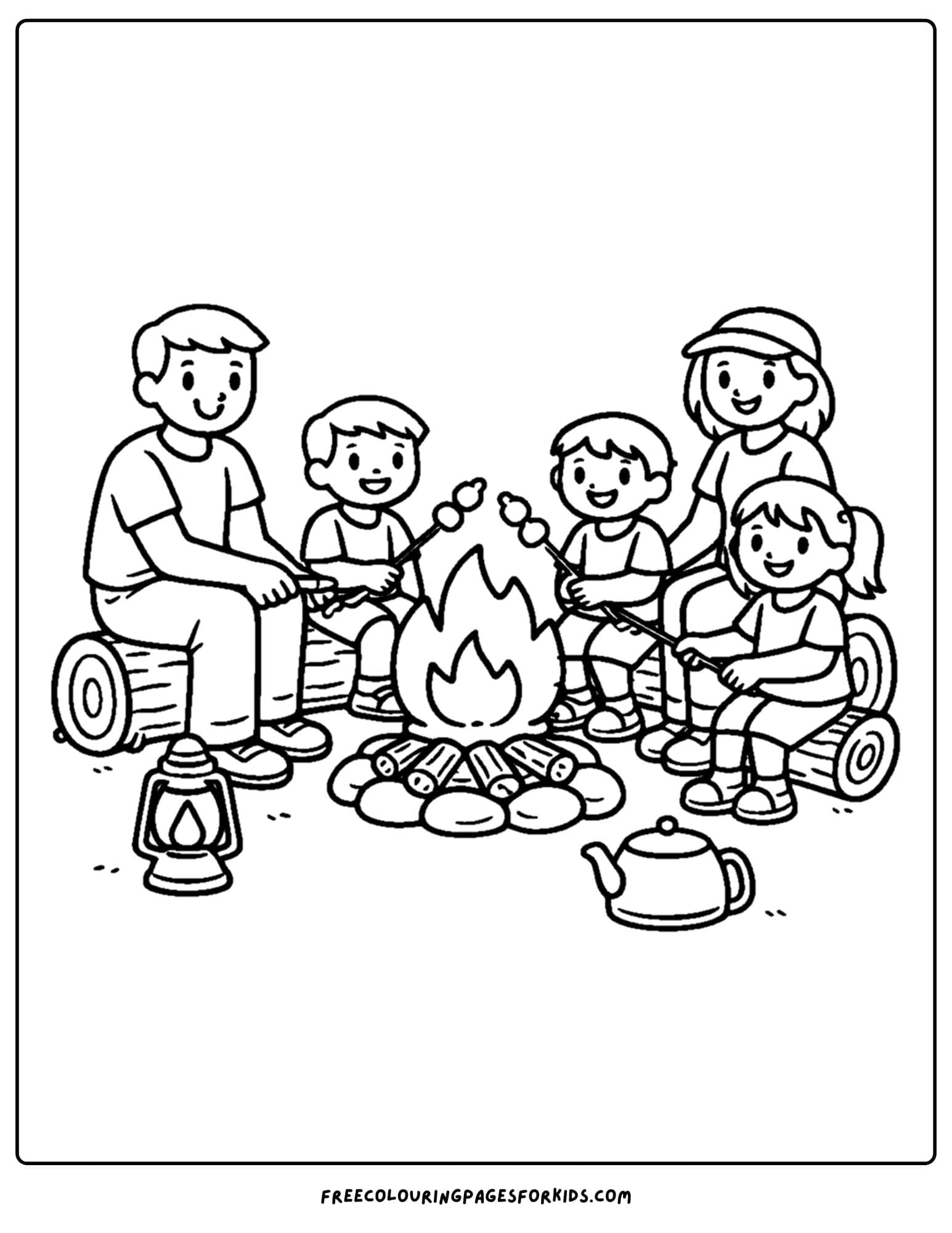 a camping coloring page showing a family roasting marshmallows by the campfire