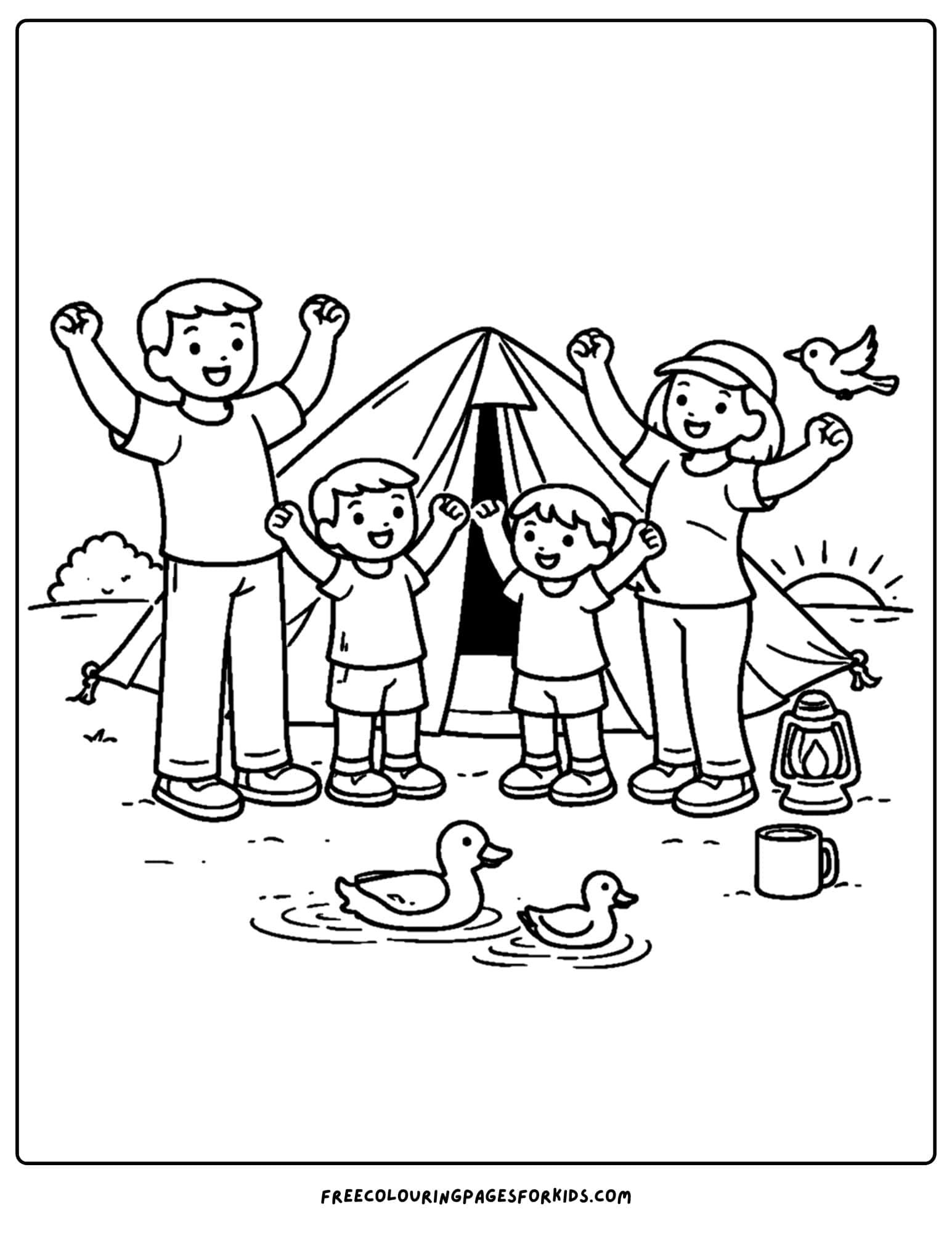 a camping coloring page showing a family stretching after sleeping in their tent