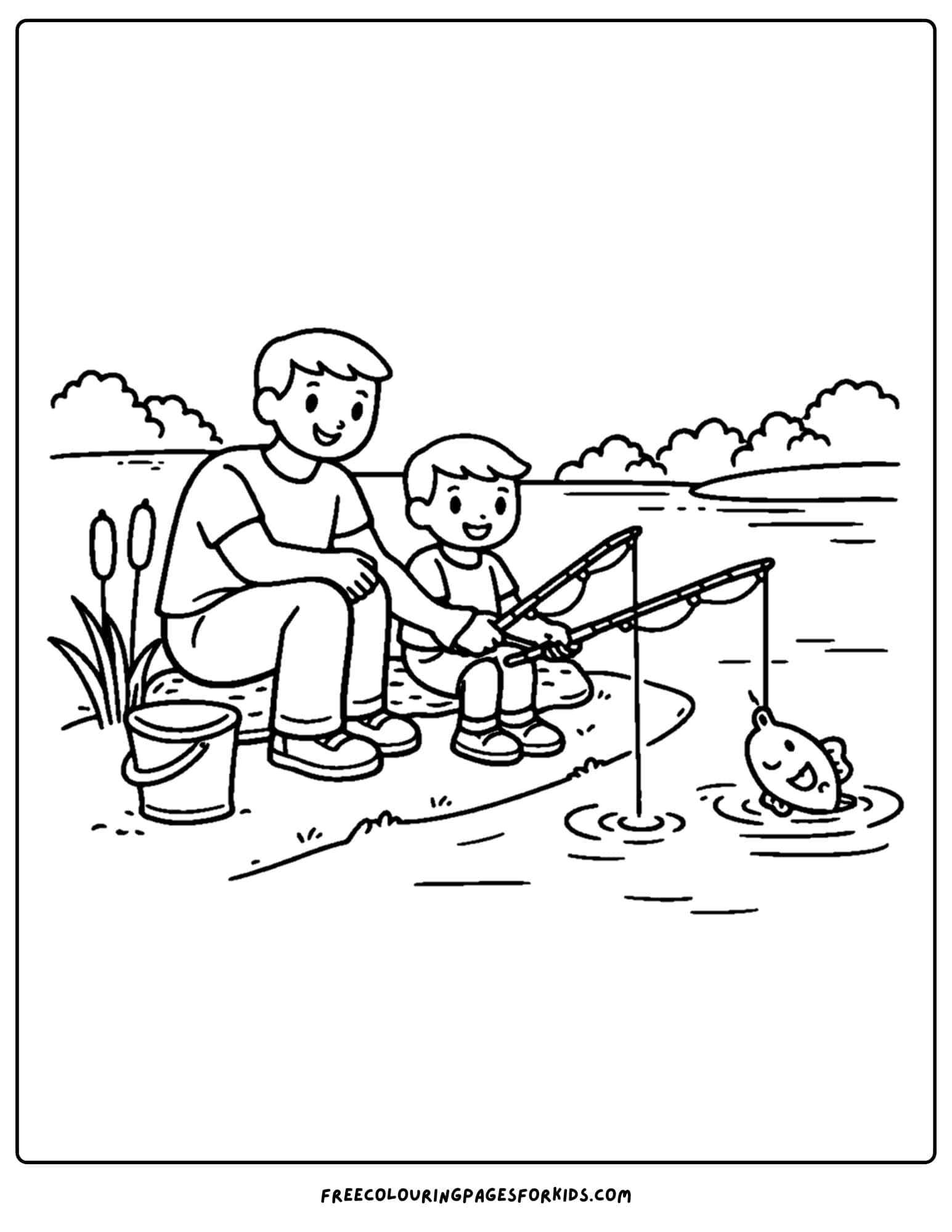 a camping coloring page showing parent fishing with their child