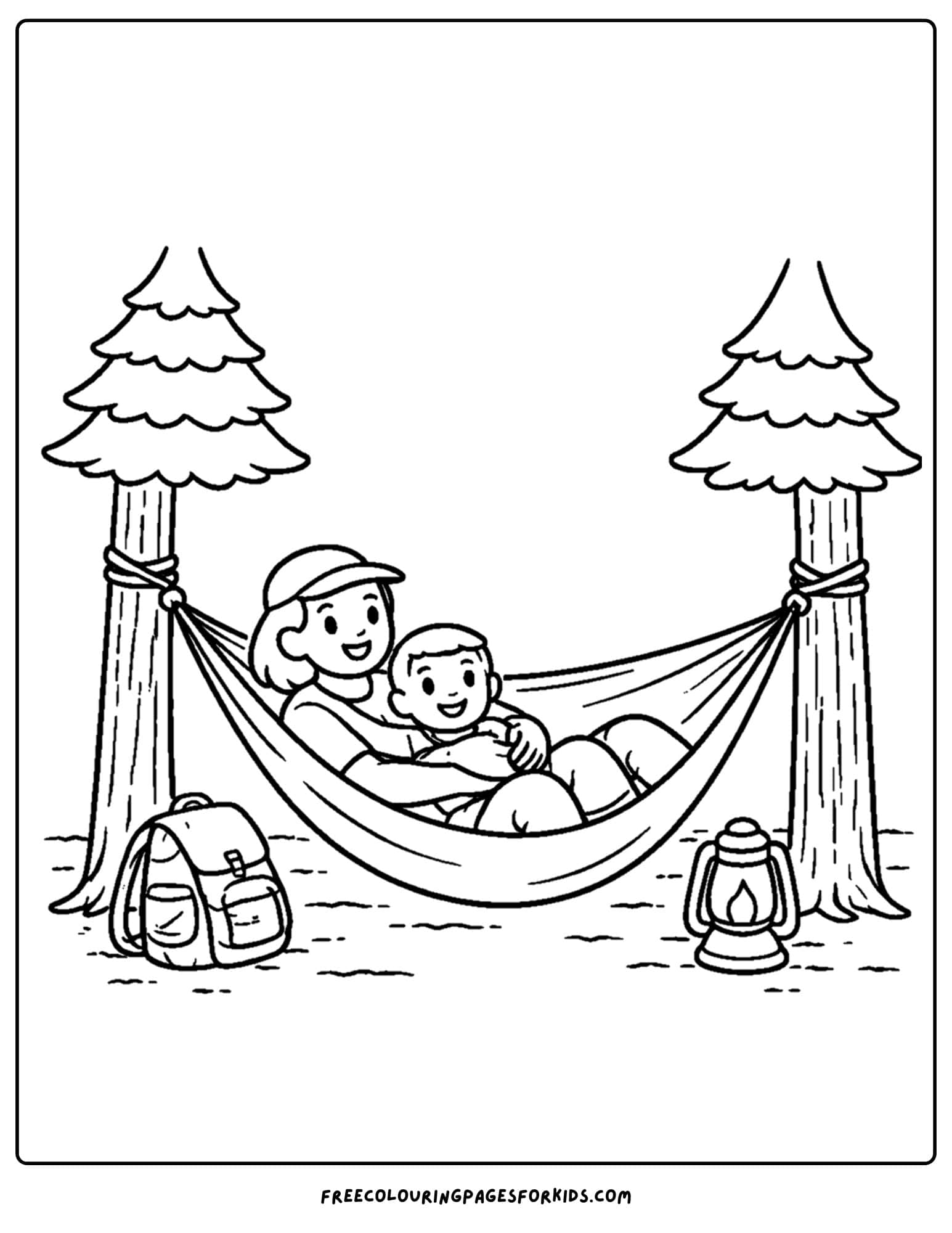 a camping coloring page showing a parent and child relaxing in a hammock between two trees