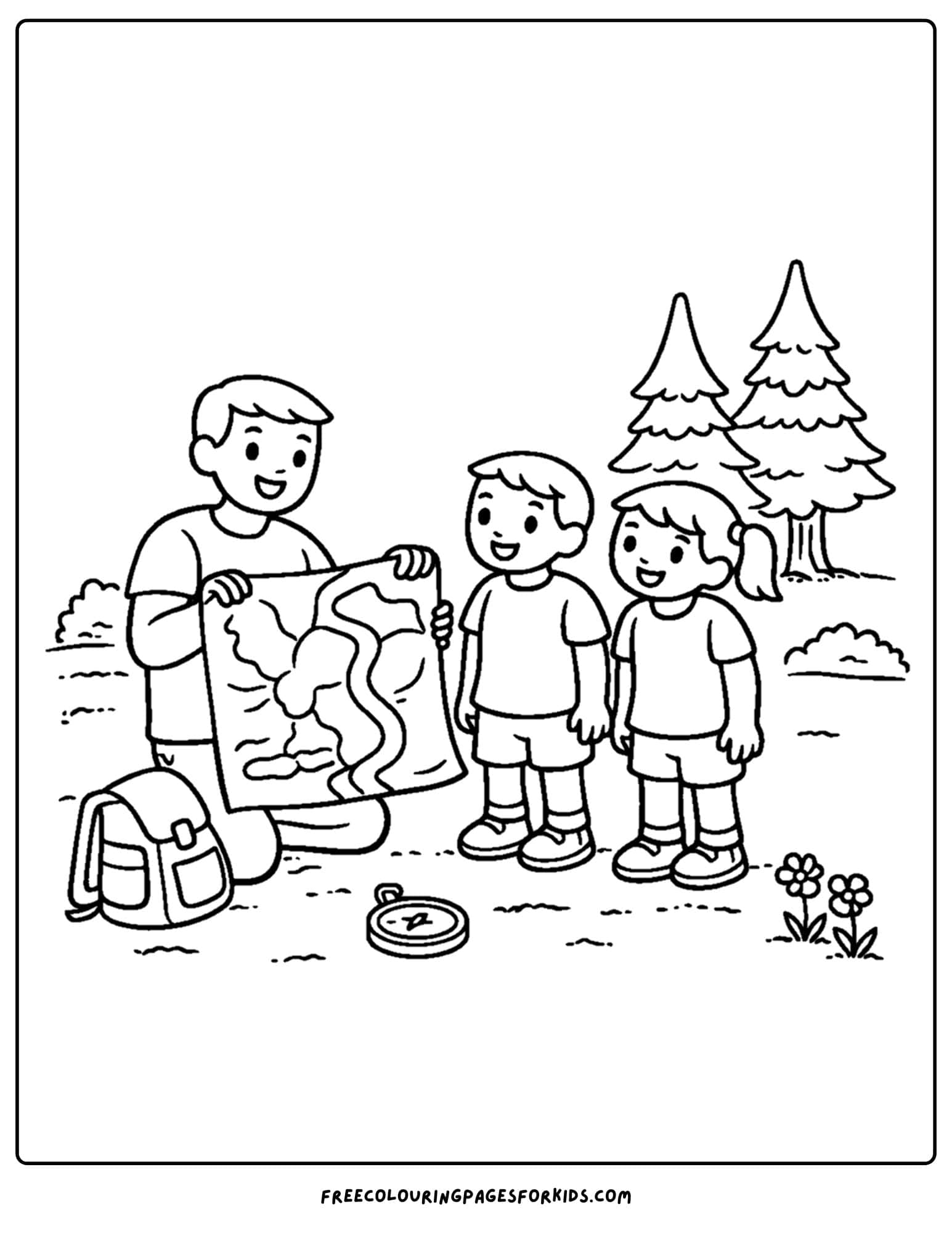 a camping coloring page showing a parent holding a map for the kids to see
