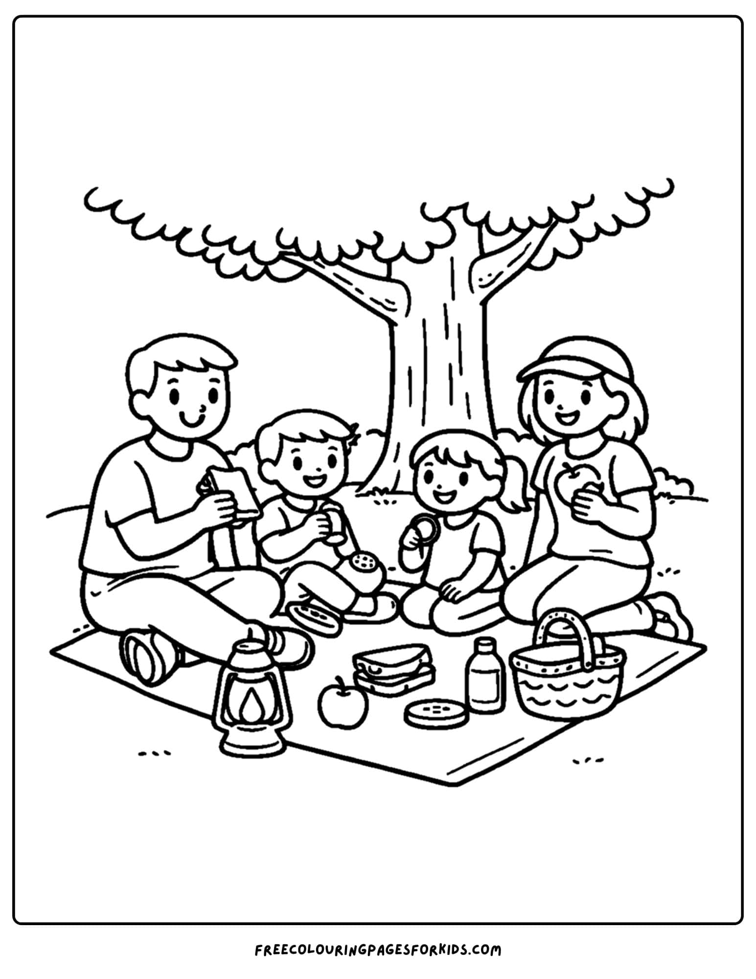 a camping coloring page showing a family picnic under a tree