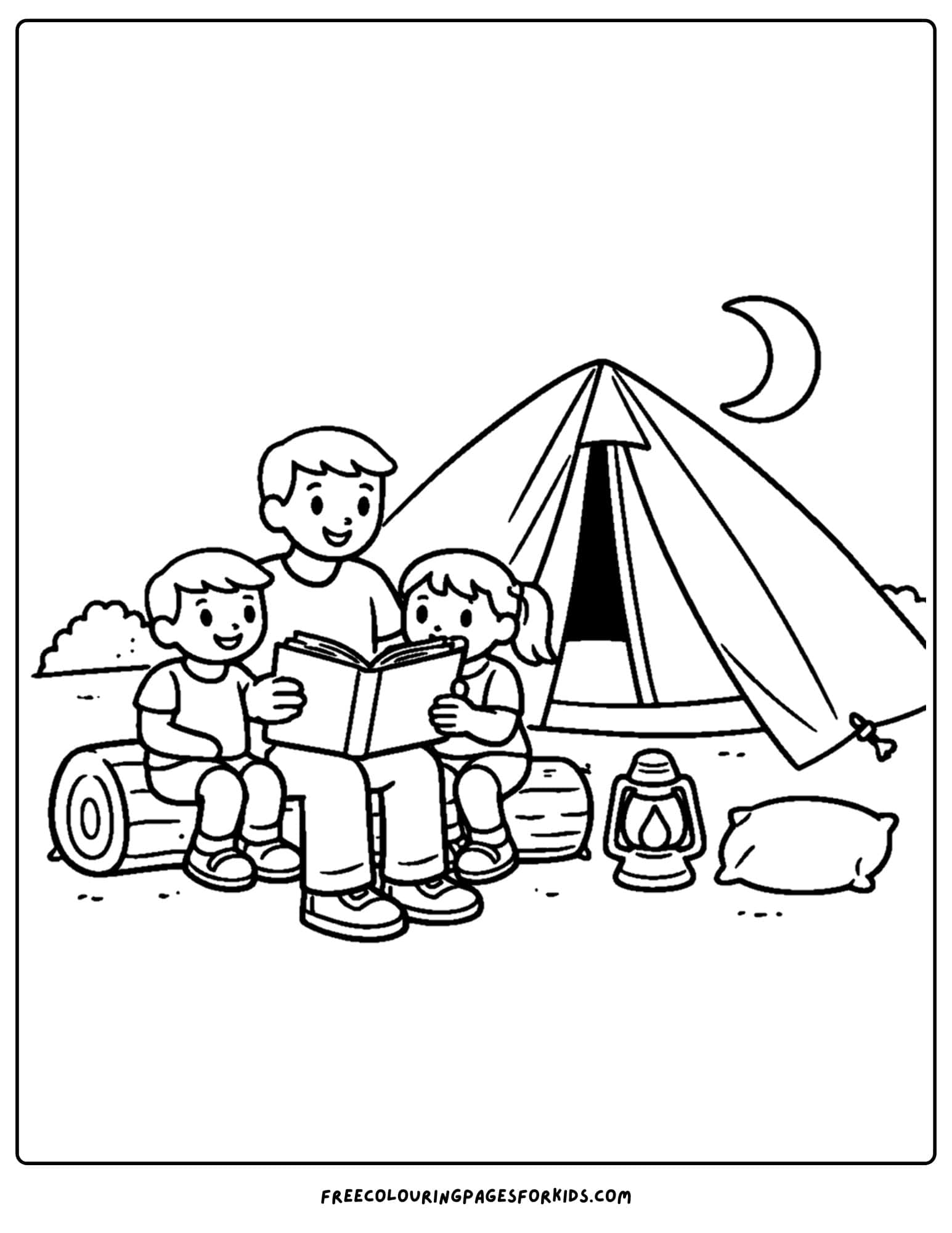 a camping coloring page showing a family reading a story in front of their tent