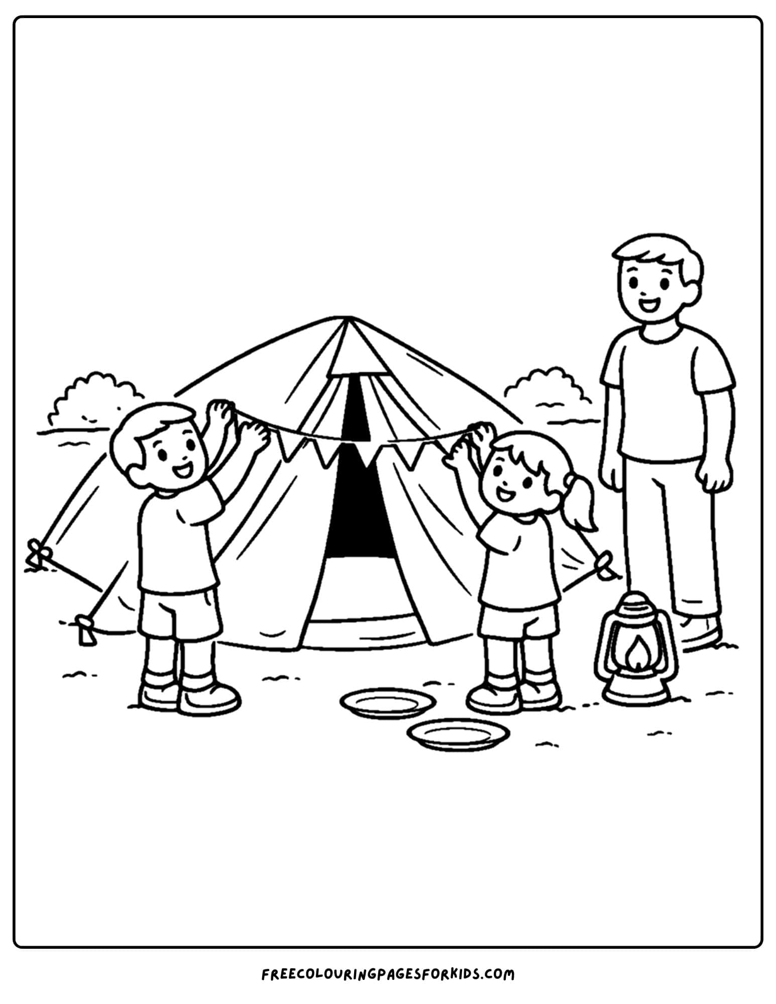 a camping coloring page showing a family hanging a garland on their tent