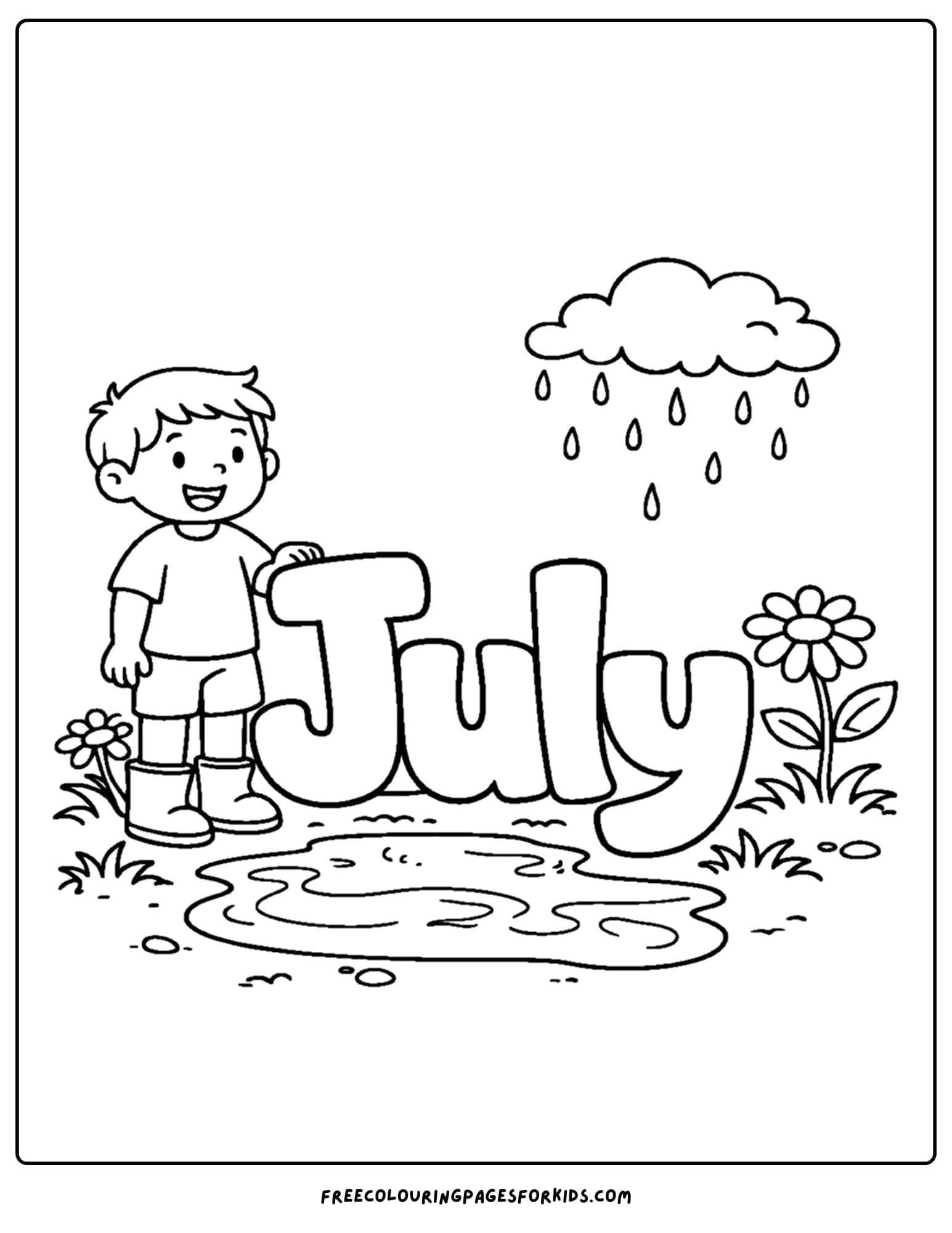 a july coloring page showing the word july after the rains