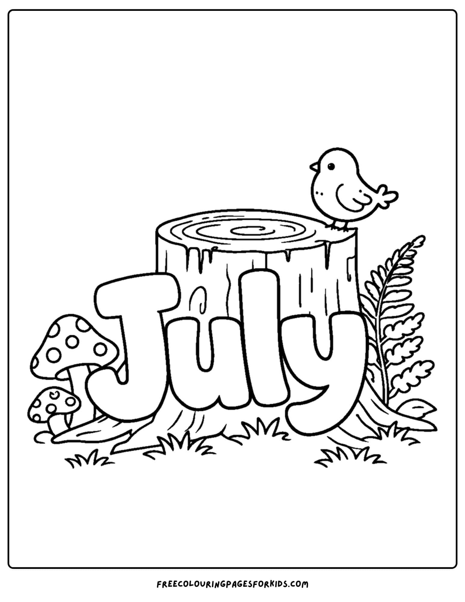 a july coloring page showing the word july next to a tree stump