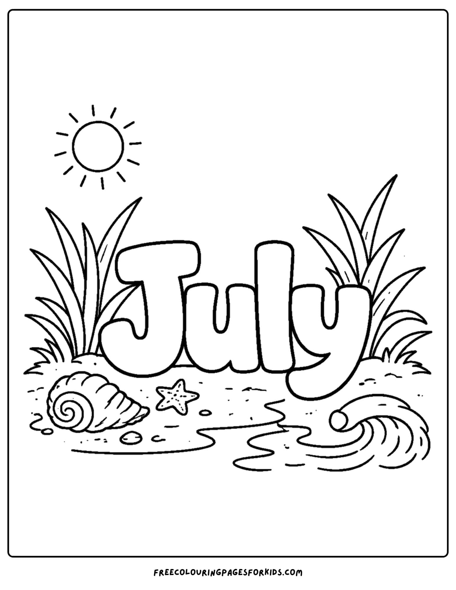 a july coloring page showing the word july in the grass by the beach