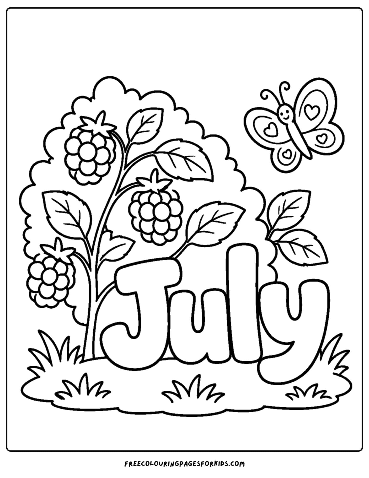 a july coloring page showing the word july under a berry bush