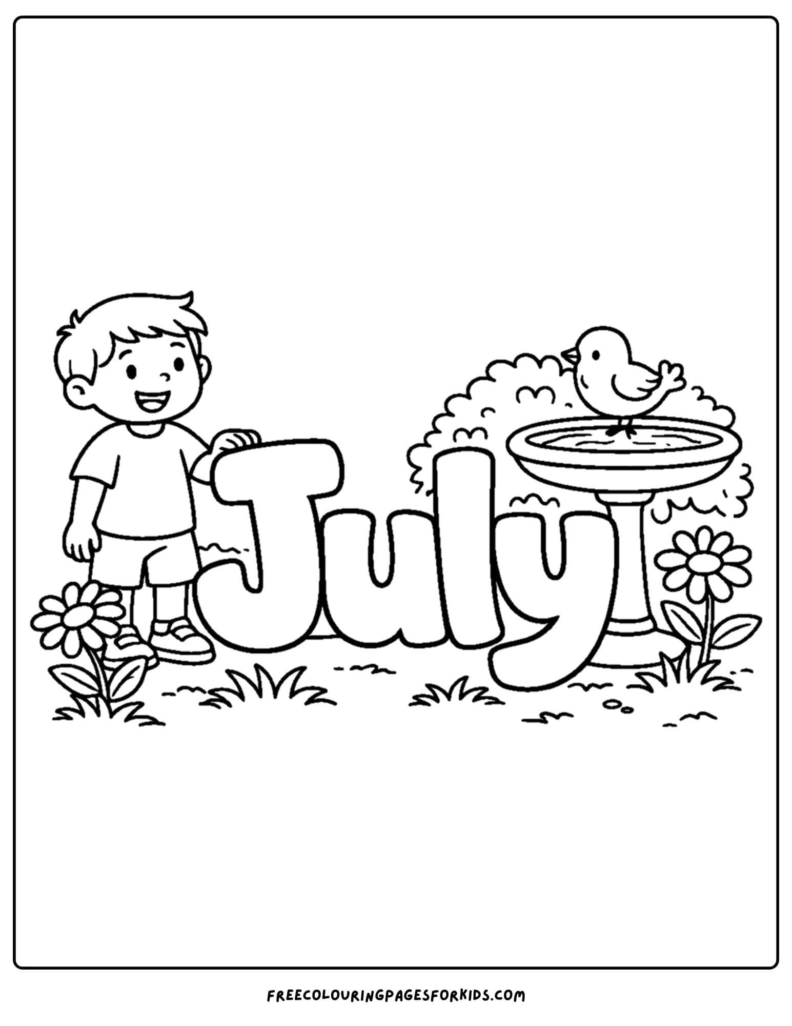 a july coloring page showing the word july with a birdbath and child