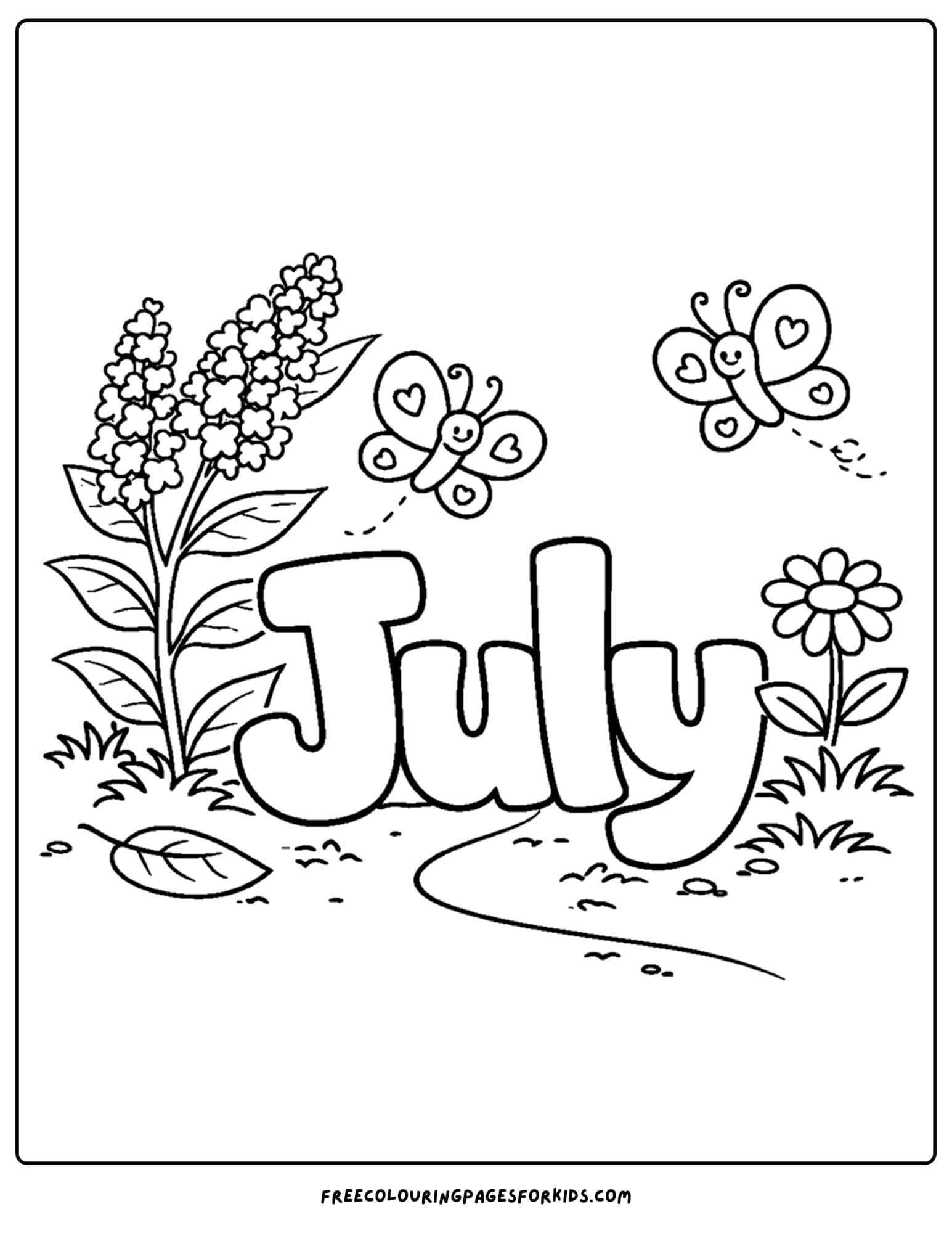 a july coloring page showing the word july with some butterflies and bushes