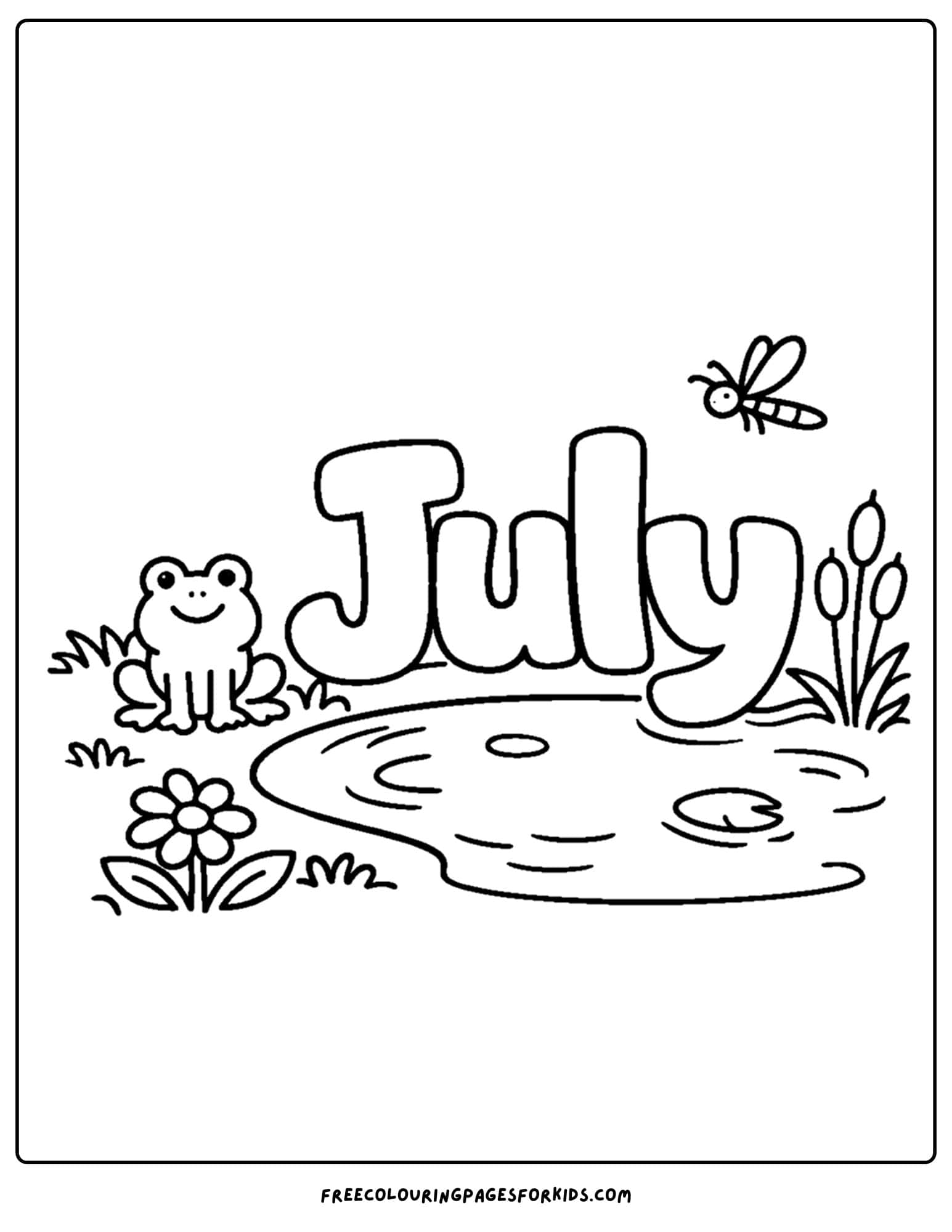 a july coloring page showing the word july by a pond with a frog