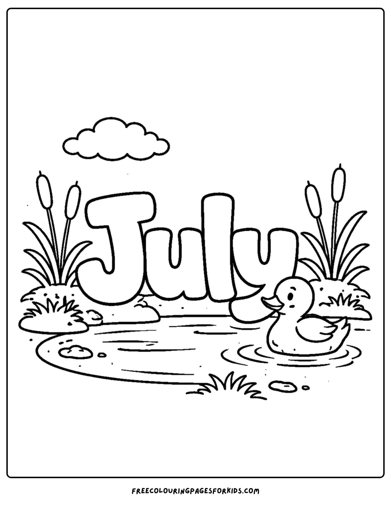 a july coloring page showing the word july by a pond with a duck