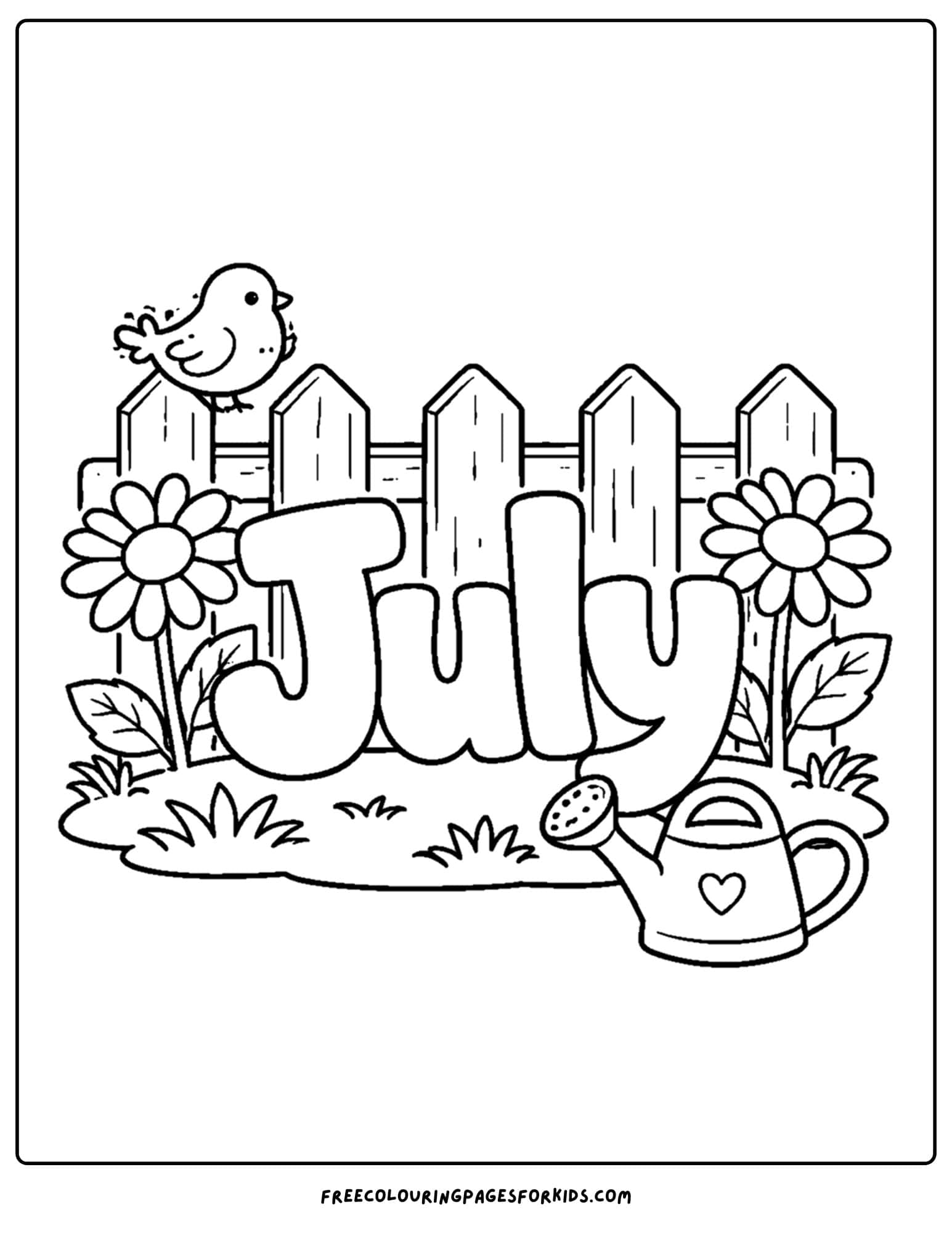 a july coloring page showing the word july by the garden gate