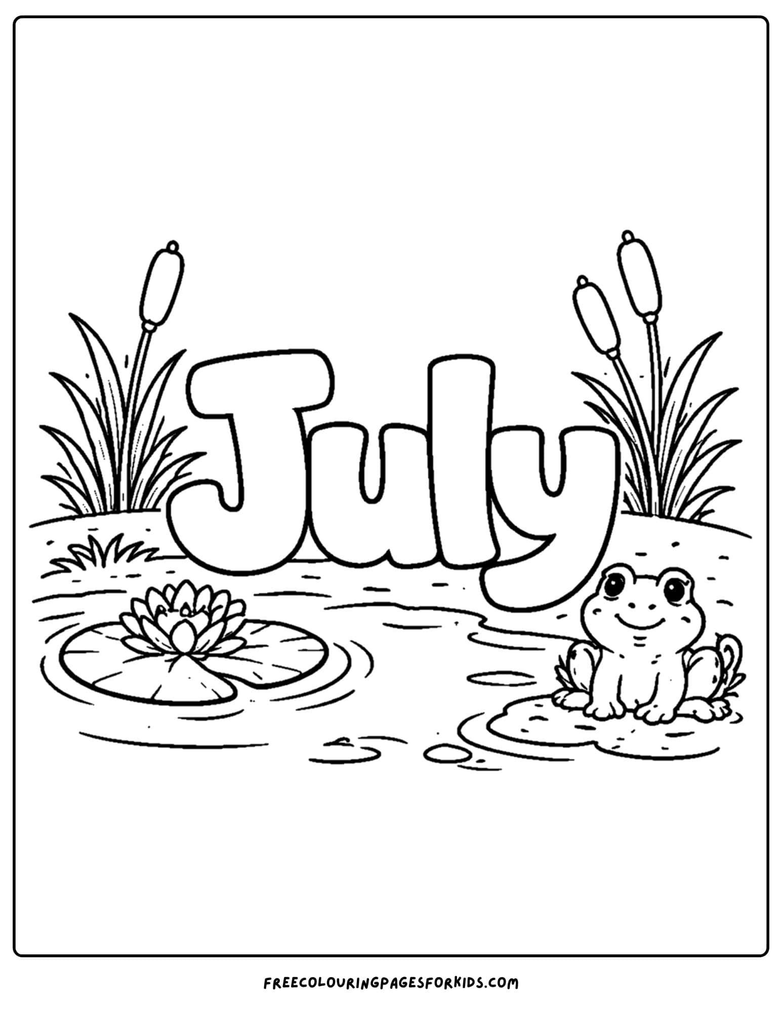 a july coloring page showing the word july with a frog and lily pad at a pond