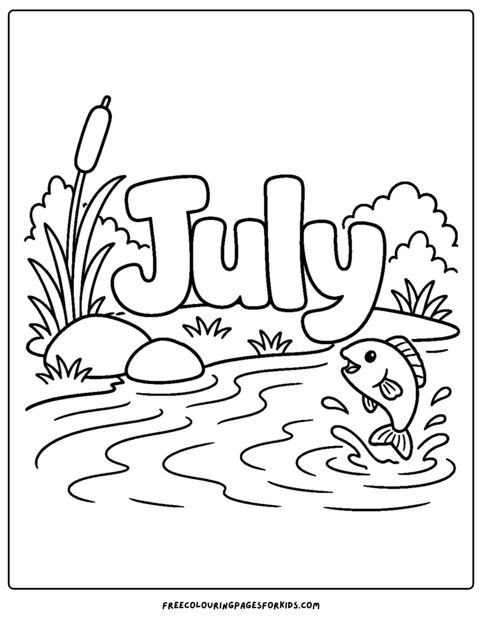 a july coloring page showing the word july by a riverbank with a fish jumping