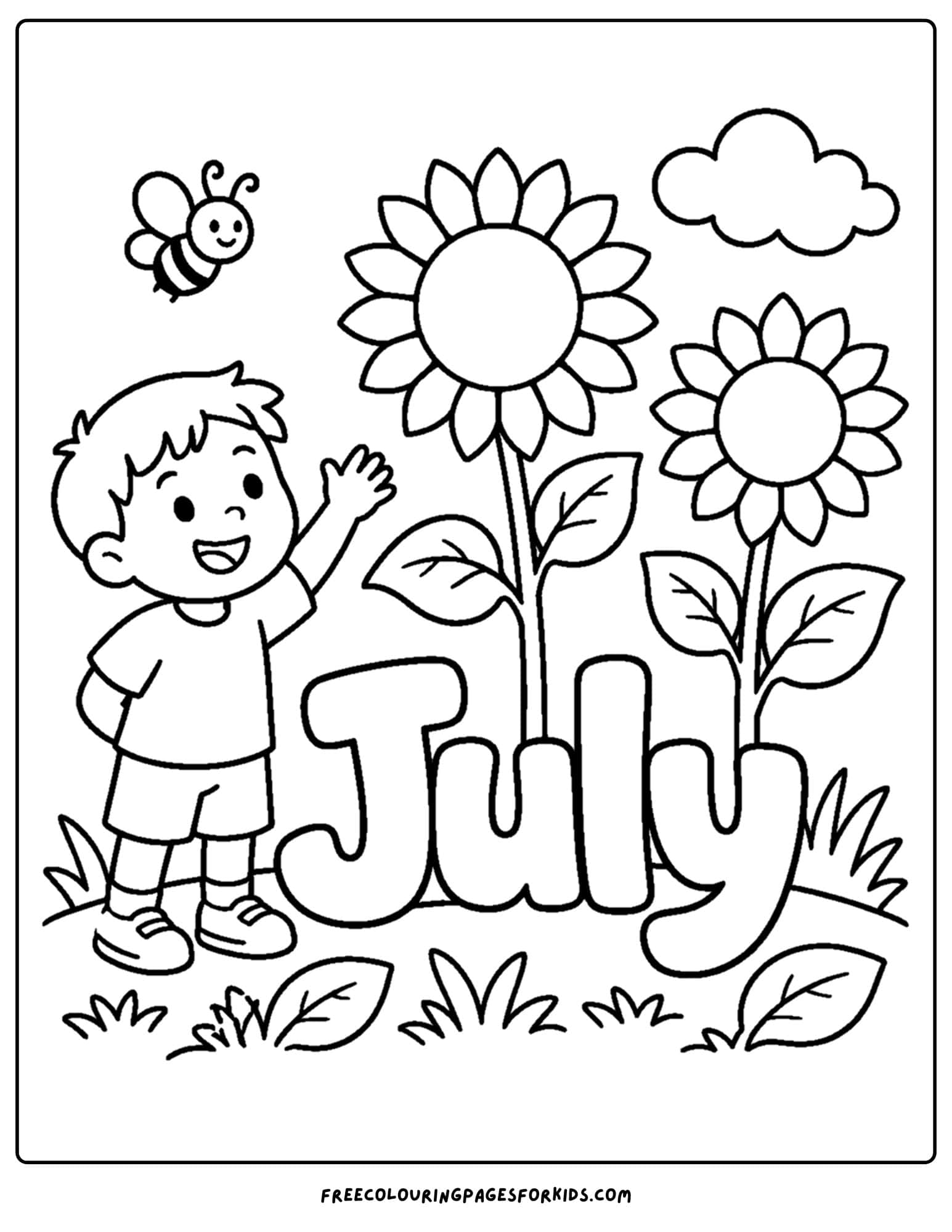 a july coloring page showing the word july with a child and giant sunflowers